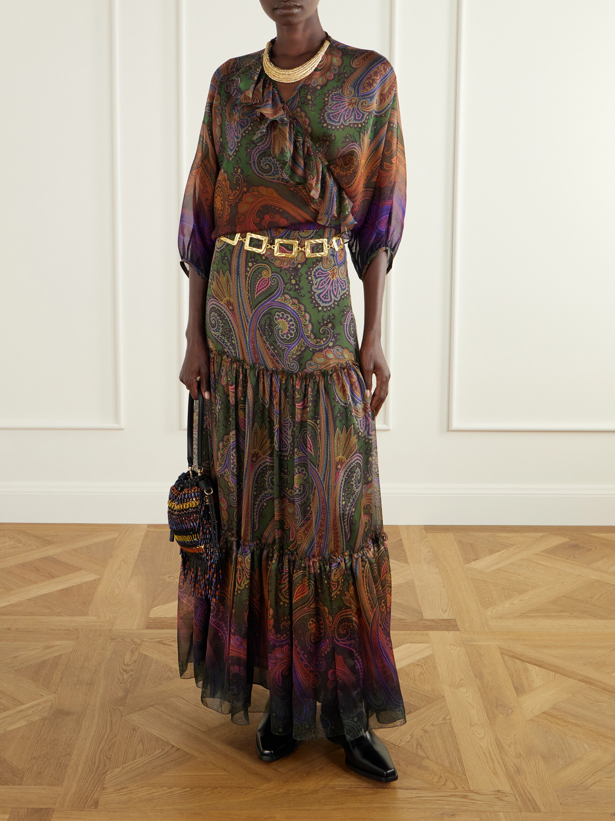 Kalispera Fringed Bead-Embellished Leather-Trimmed Sequined Drawstring Bag
