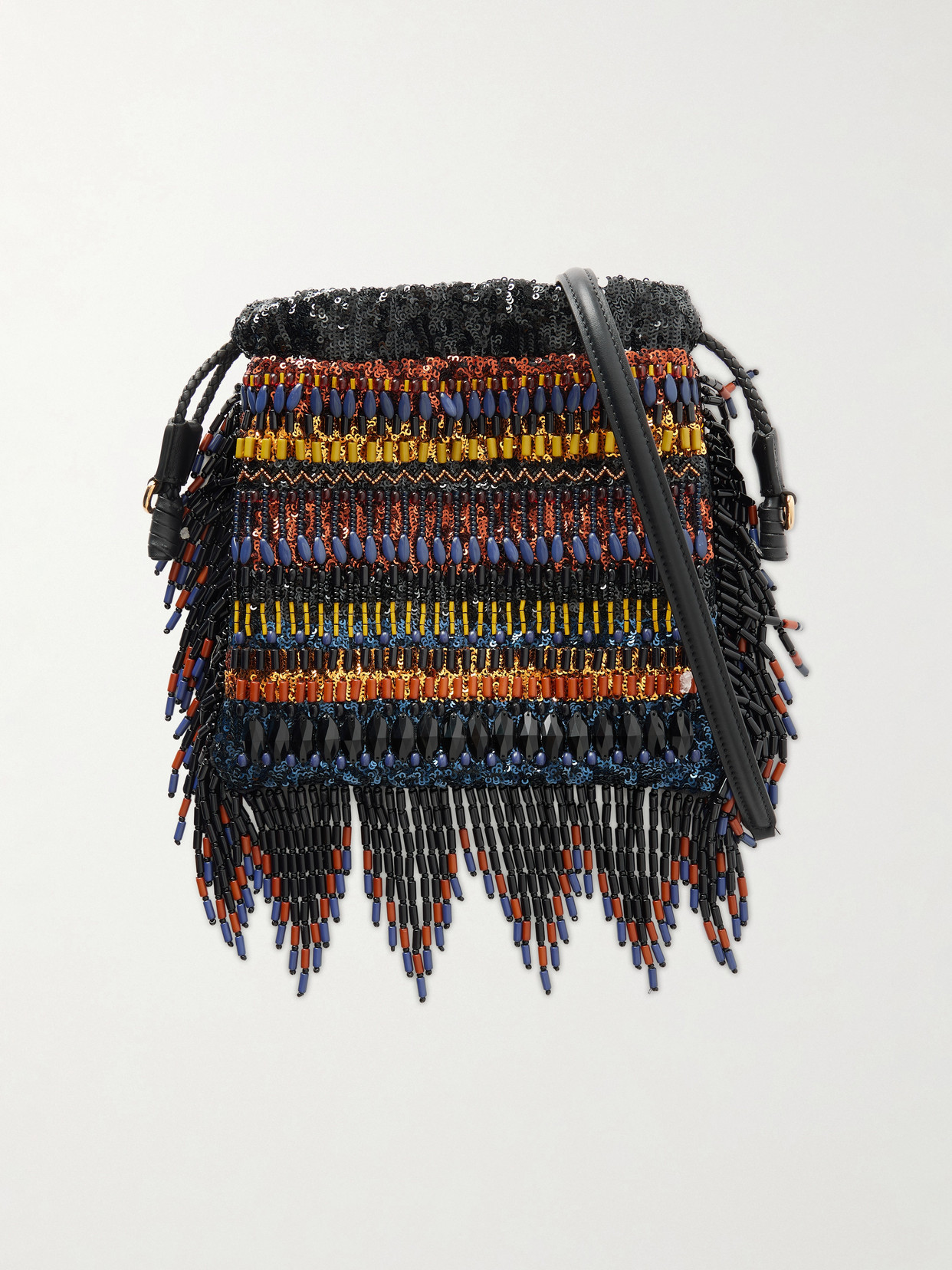 Etro Kalispera Fringed Bead-embellished Leather-trimmed Sequined Drawstring Bag In Black