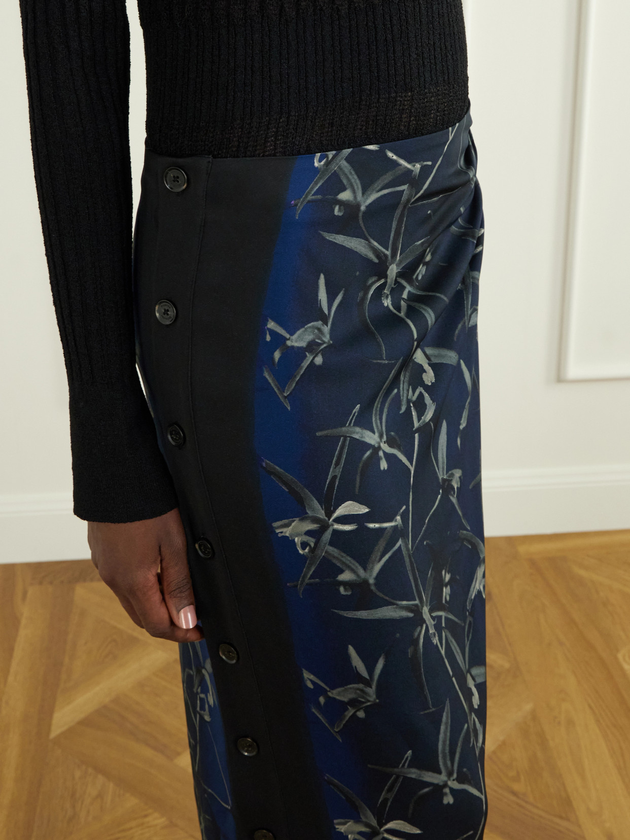 Anais Floral-Print Button-Detailed Gathered Stretch-Cady Skirt