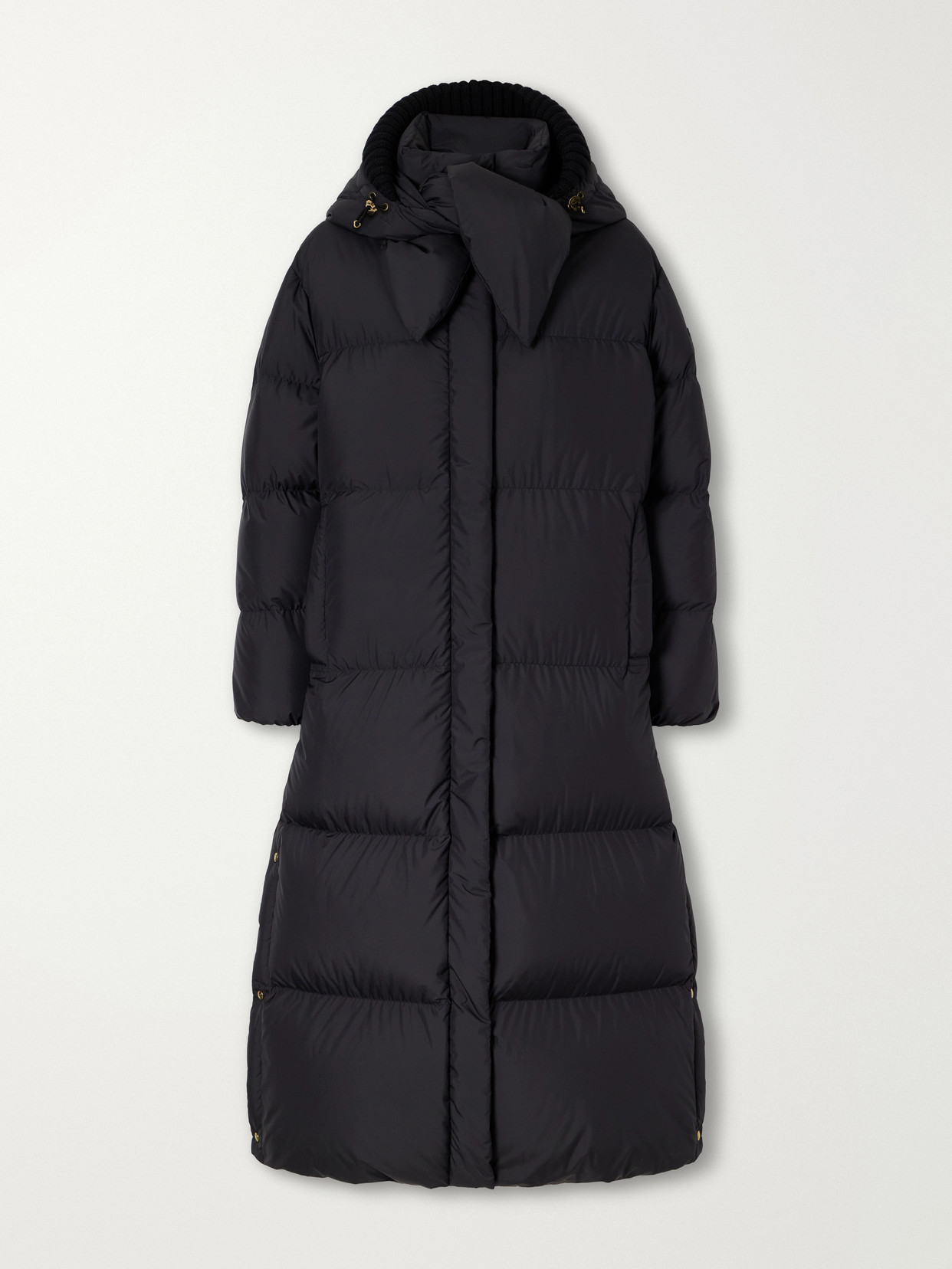 Moncler Ornement Quilted Scarf-detailed Rib-trimmed Shell Down Coat In Blue