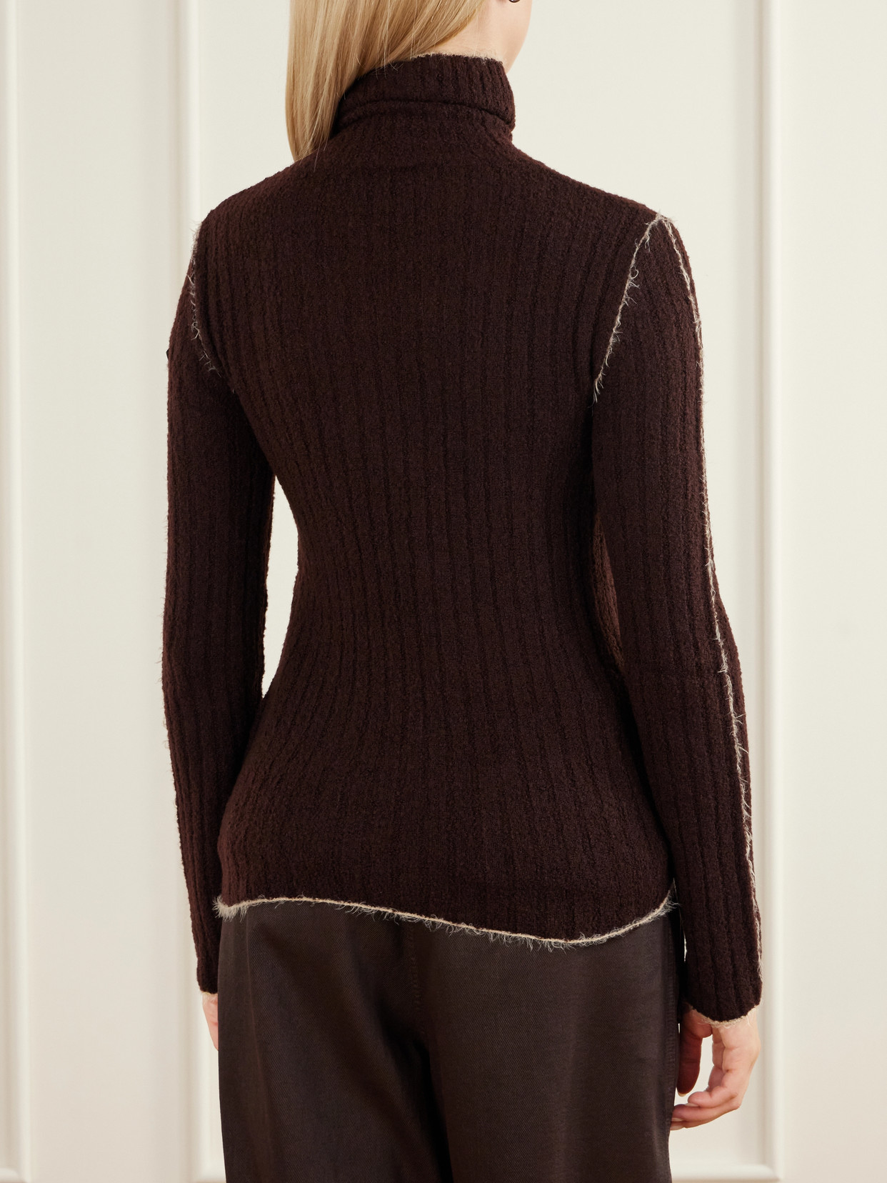 Frayed Ribbed Wool-Blend Turtleneck Sweater