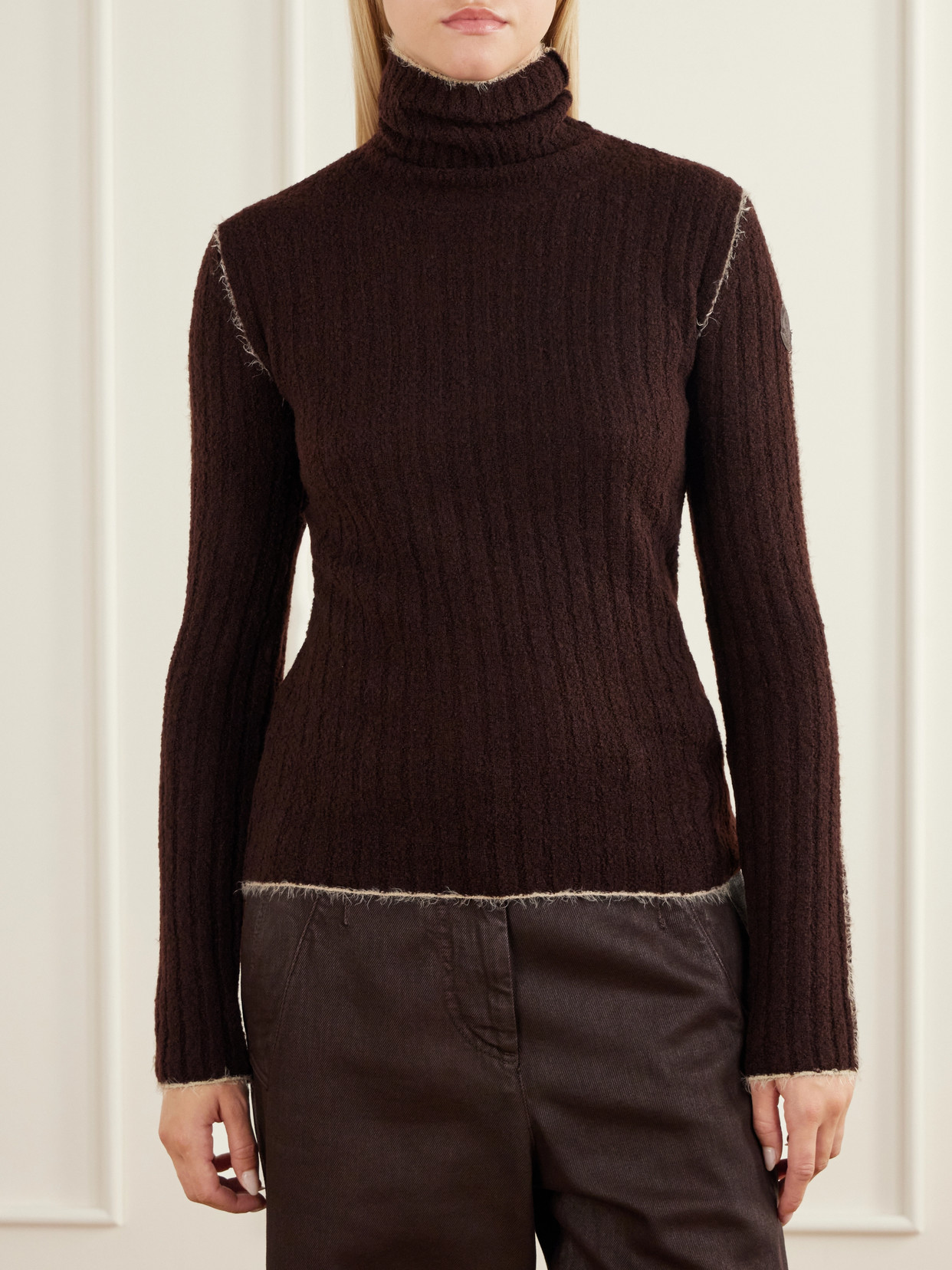 Frayed Ribbed Wool-Blend Turtleneck Sweater