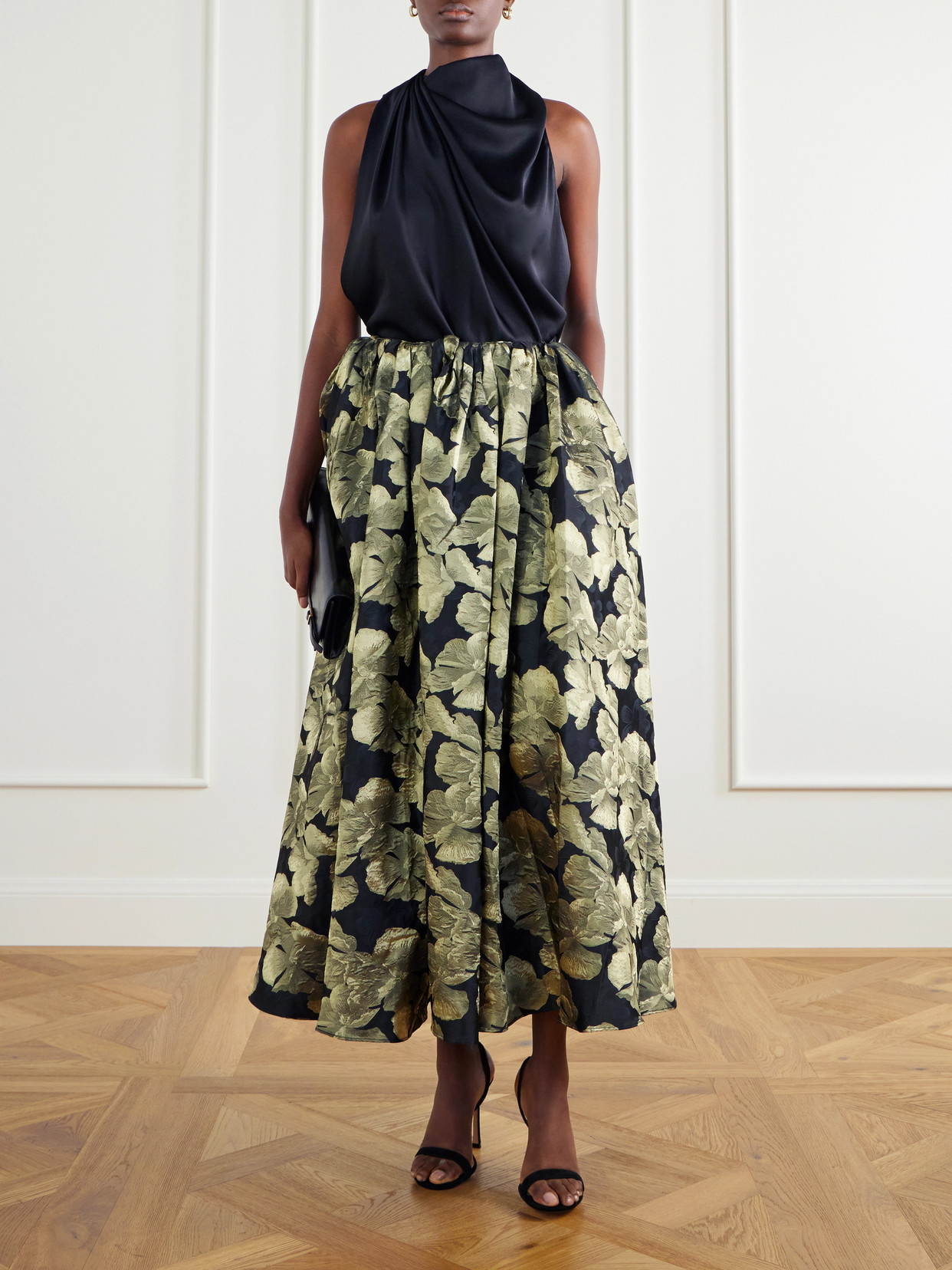 Elodie Gathered Floral-Brocade Maxi