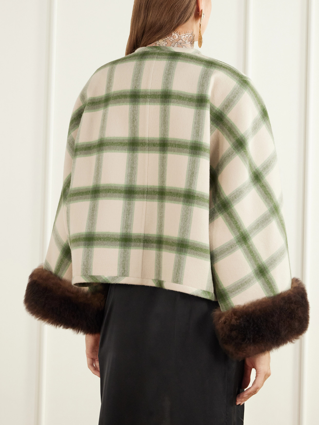 Garavani - Cropped Shearling-Trimmed Checked Wool-Twill Jacket