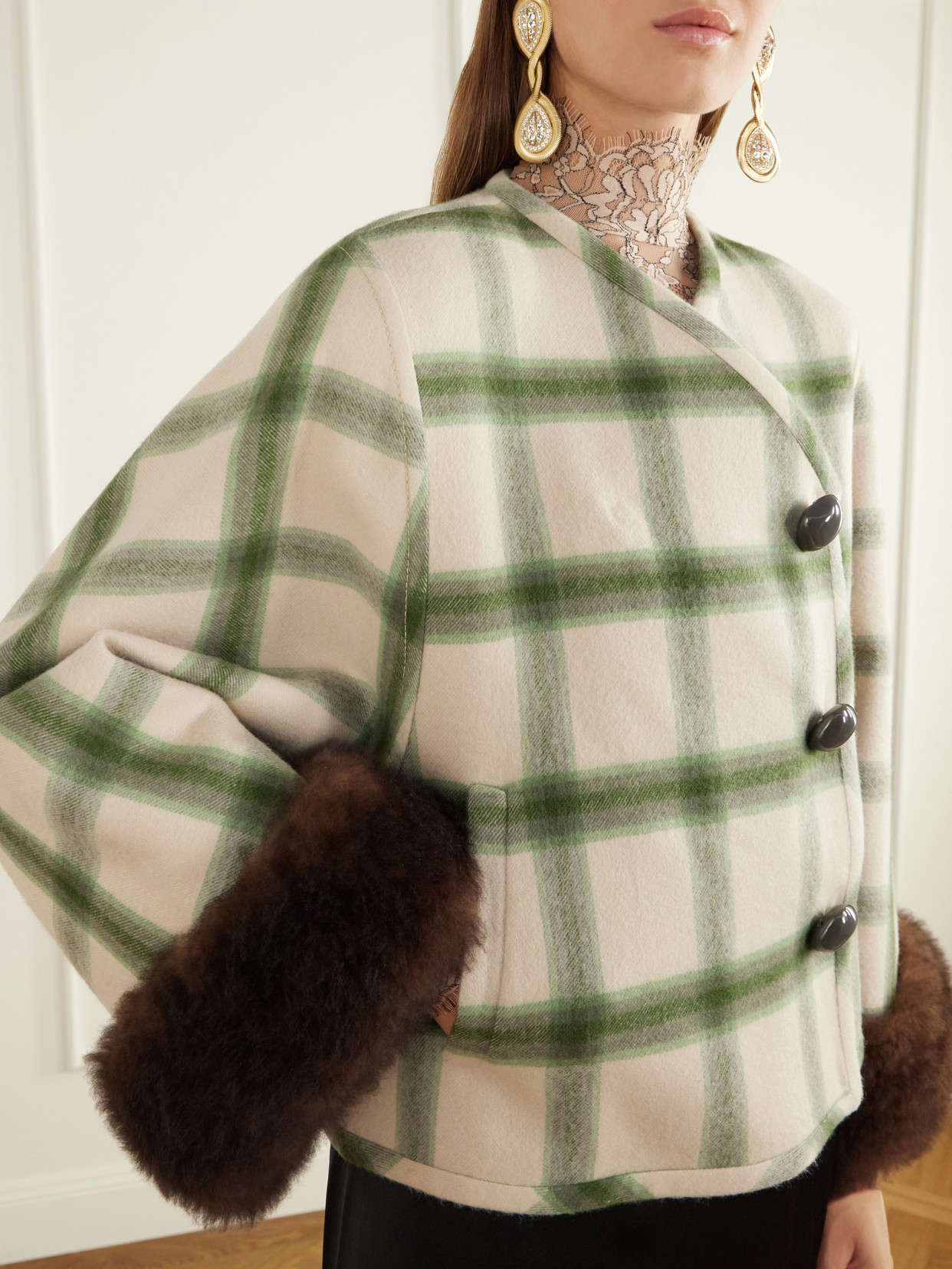 Garavani - Cropped Shearling-Trimmed Checked Wool-Twill Jacket