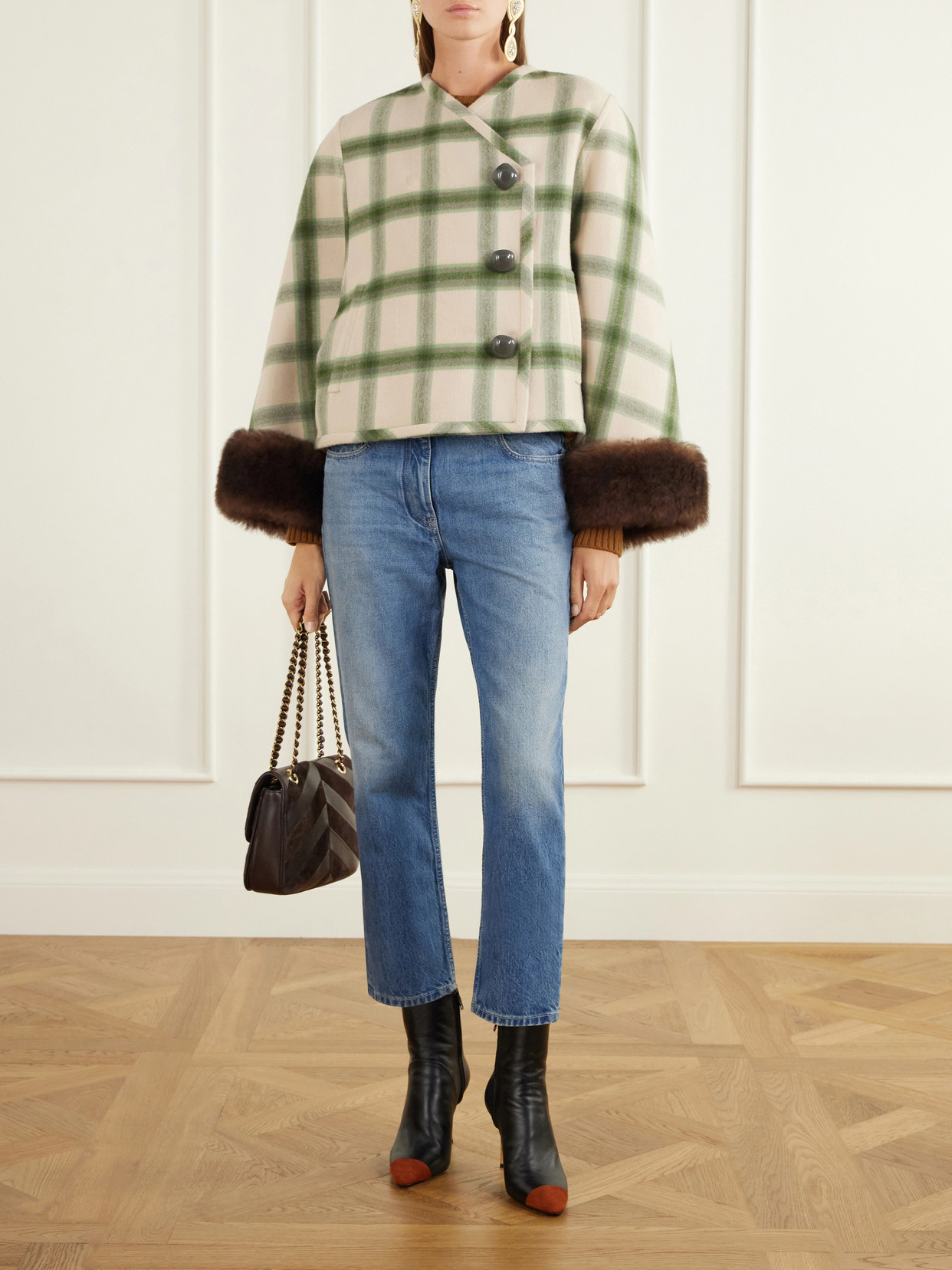 Garavani - Cropped Shearling-Trimmed Checked Wool-Twill Jacket