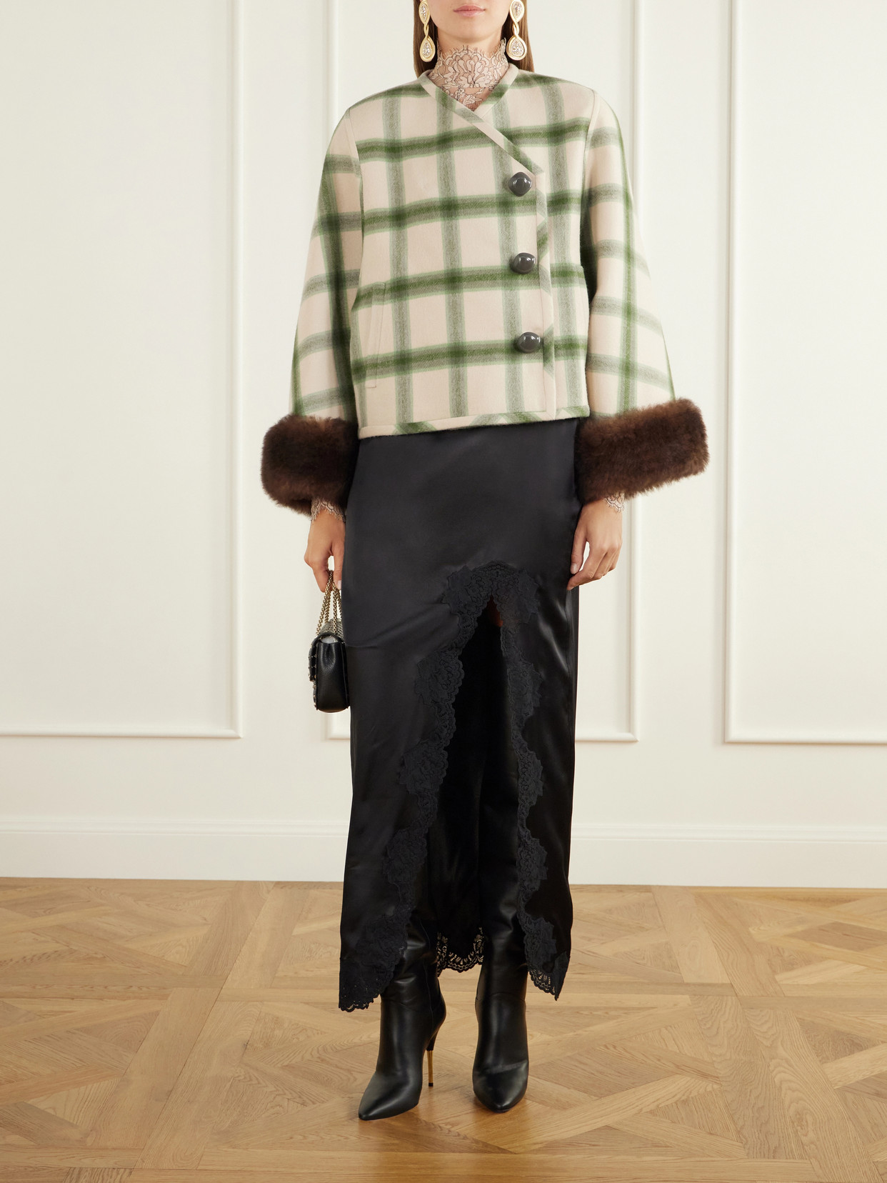 Garavani - Cropped Shearling-Trimmed Checked Wool-Twill Jacket