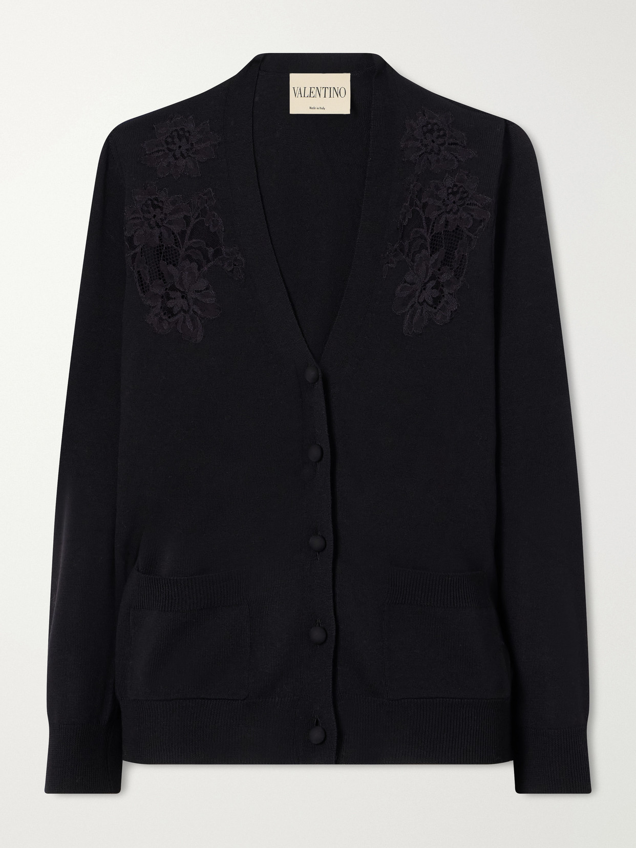 Valentino Lace-trimmed Wool Cardigan In Black
