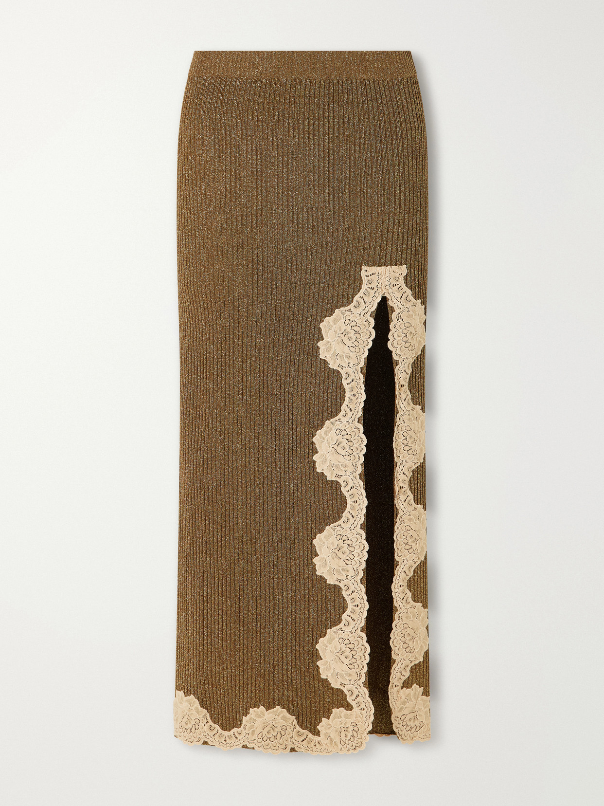 Valentino Lace-trimmed Ribbed Lurex Midi Skirt In Brown