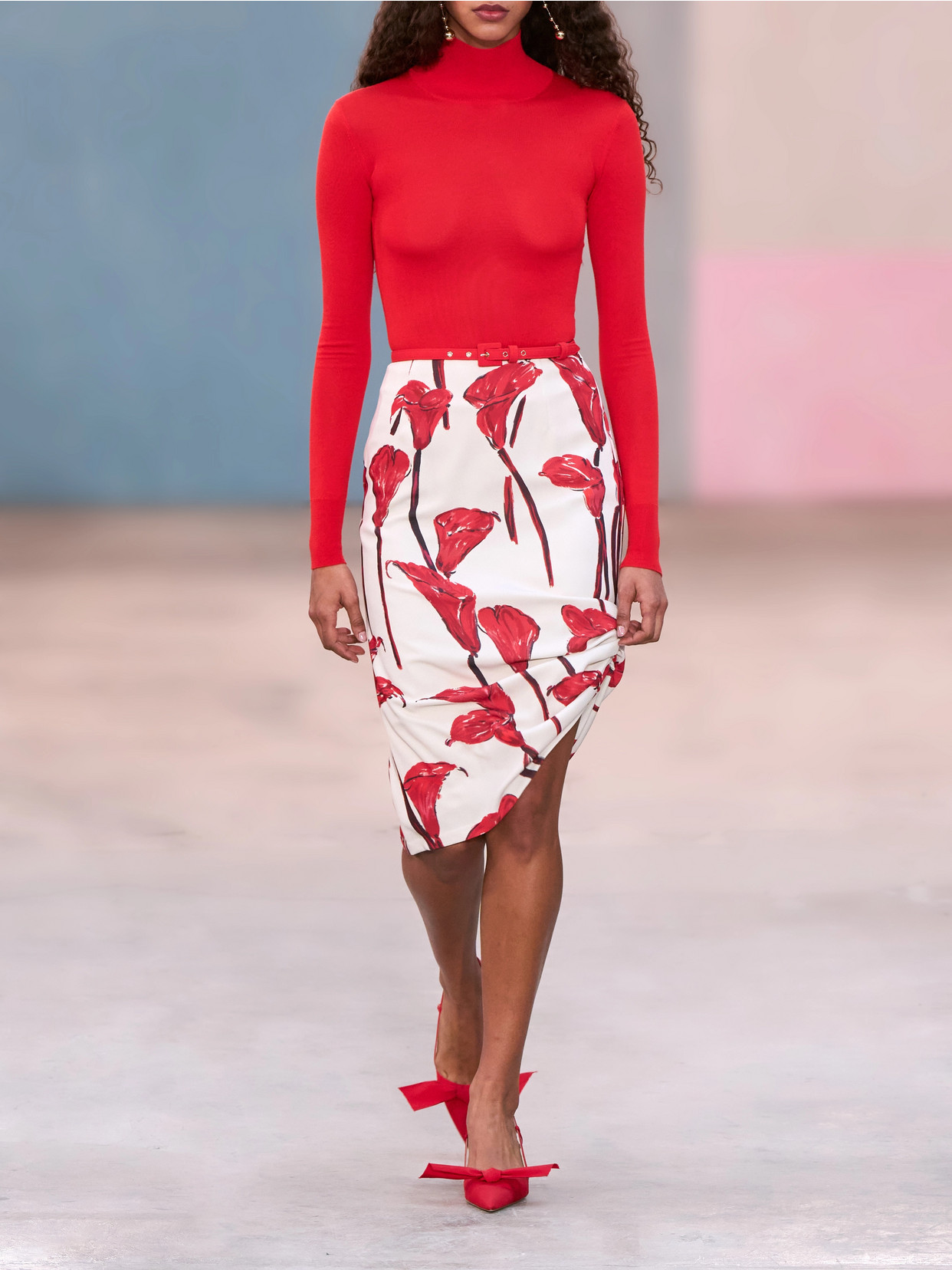 Asymmetrical Floral-Print Cady Midi