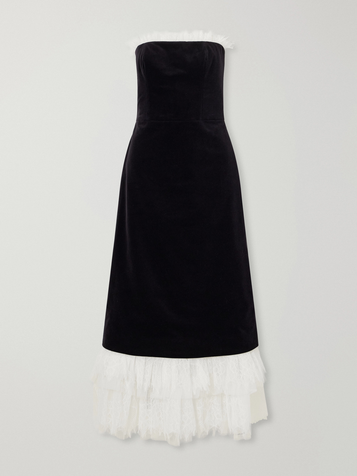 Costarellos Isabetta Strapless Tulle And Lace-trimmed Cotton-velvet Midi Dress In Black