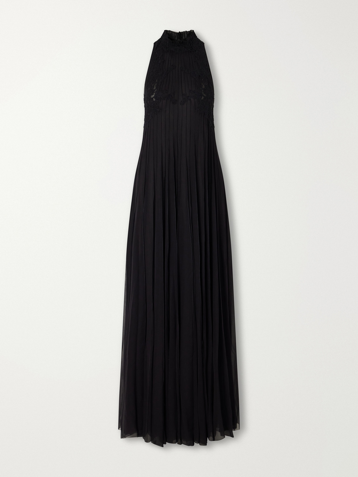Costarellos Virana Pleated Lace-trimmed Silk-blend Georgette Gown In Black