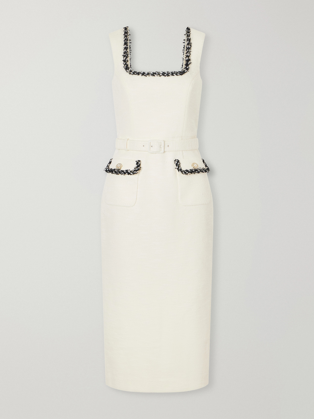 Rebecca Vallance Jacquie Belted Tweed Midi Dress In White