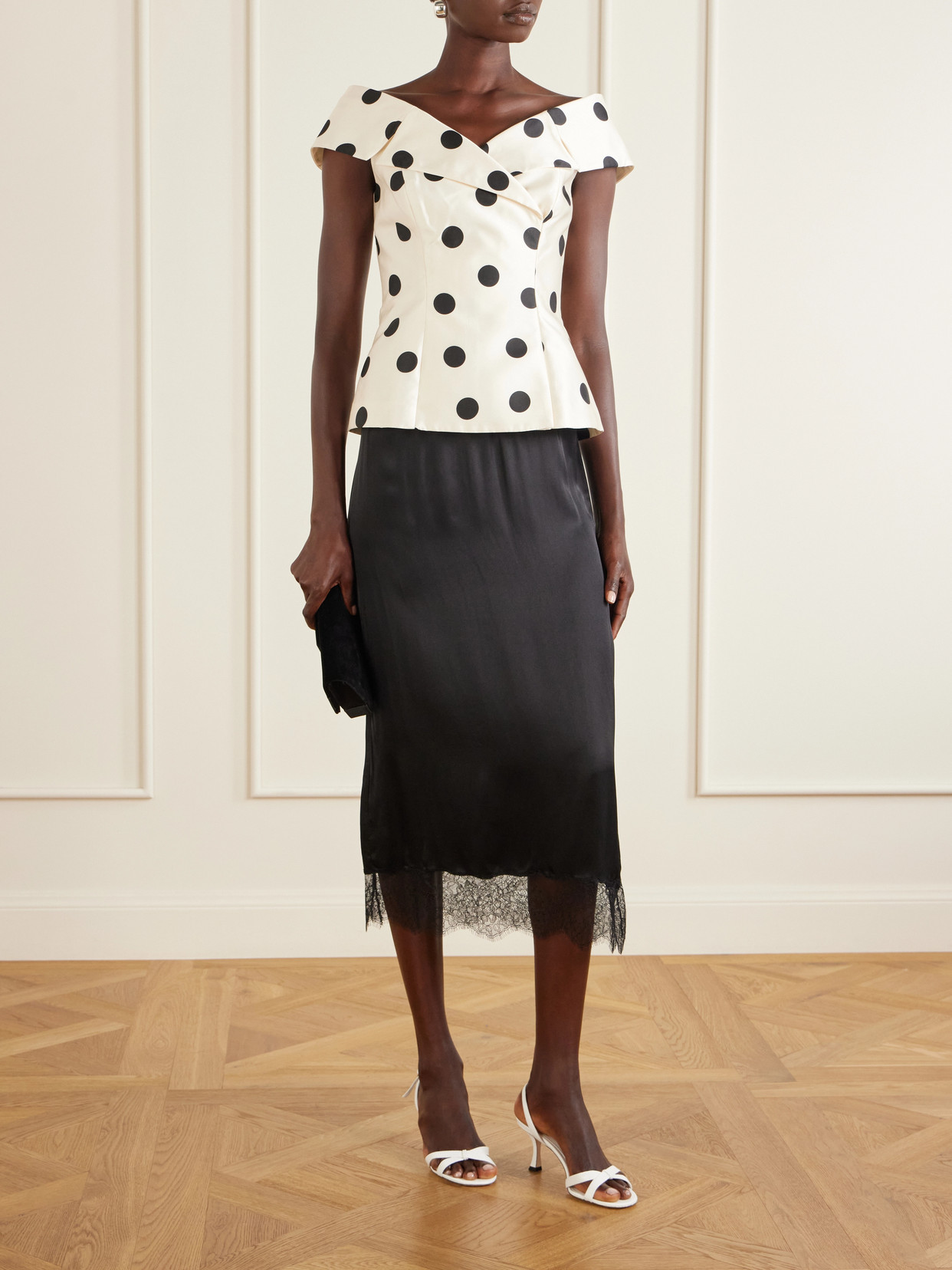 Bacio Off-The-Shoulder Polka-Dot Satin-Twill Top