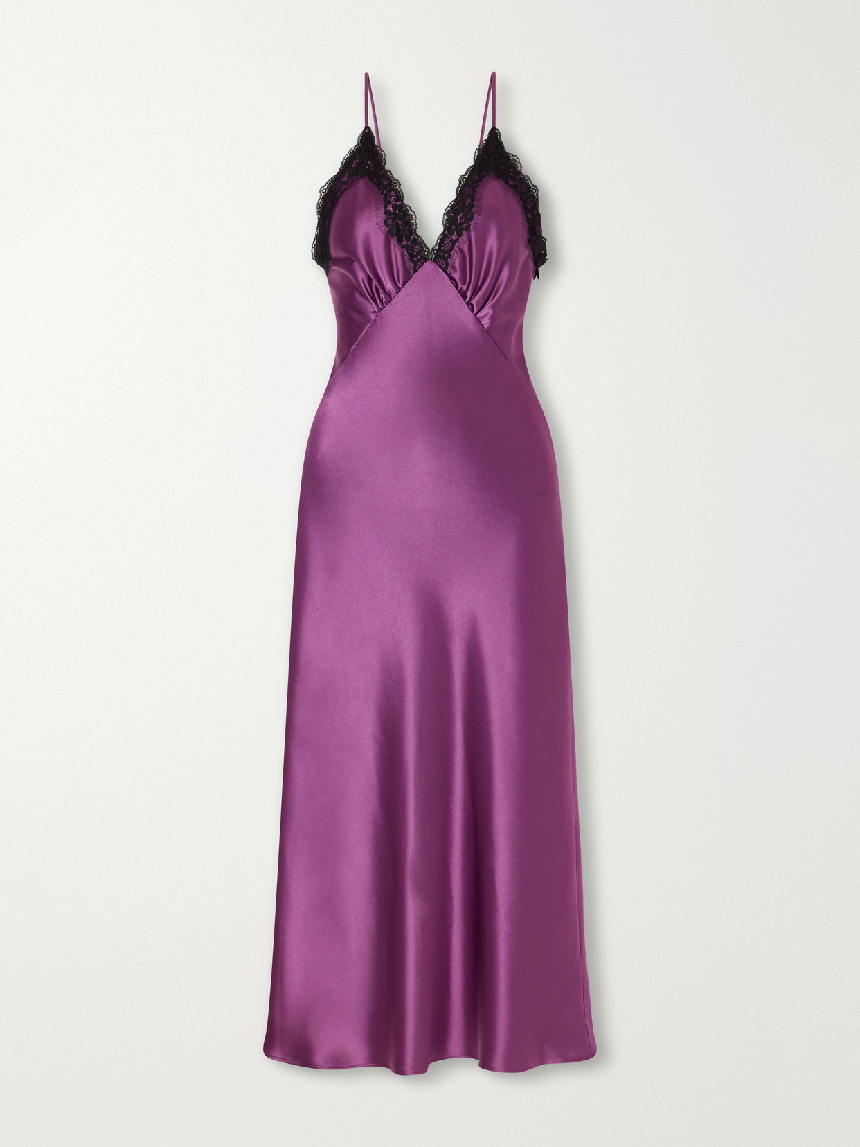 Rodarte Lace-trimmed Gathered Satin Midi Dress In Purple