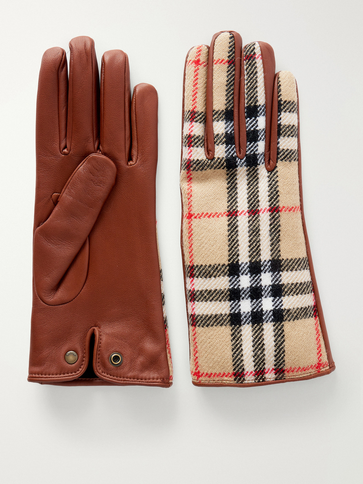 Burberry Checked Leather And Wool Gloves In Neutrals