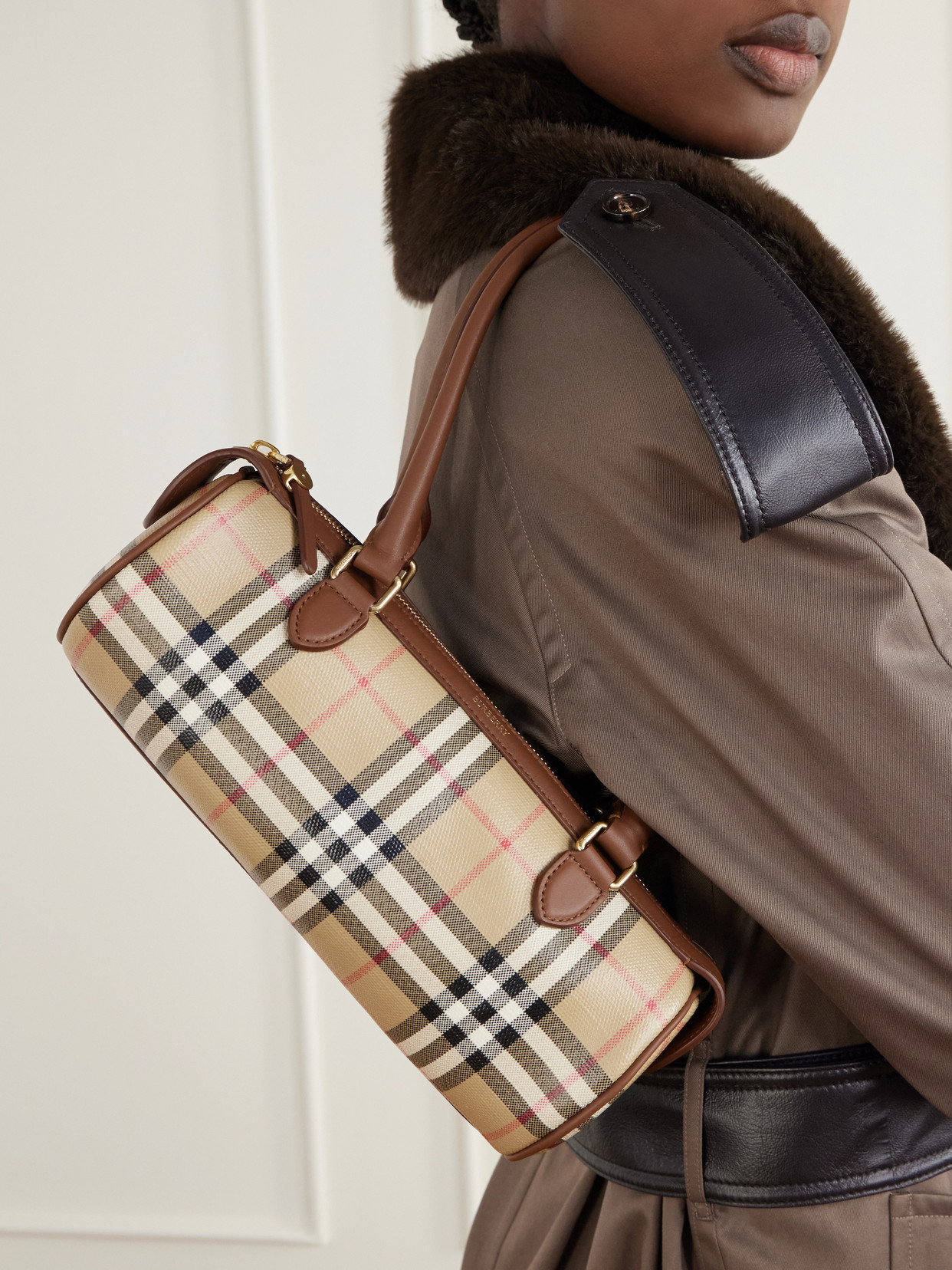 Barrel Mini Checked Coated-Canvas Shoulder Bag