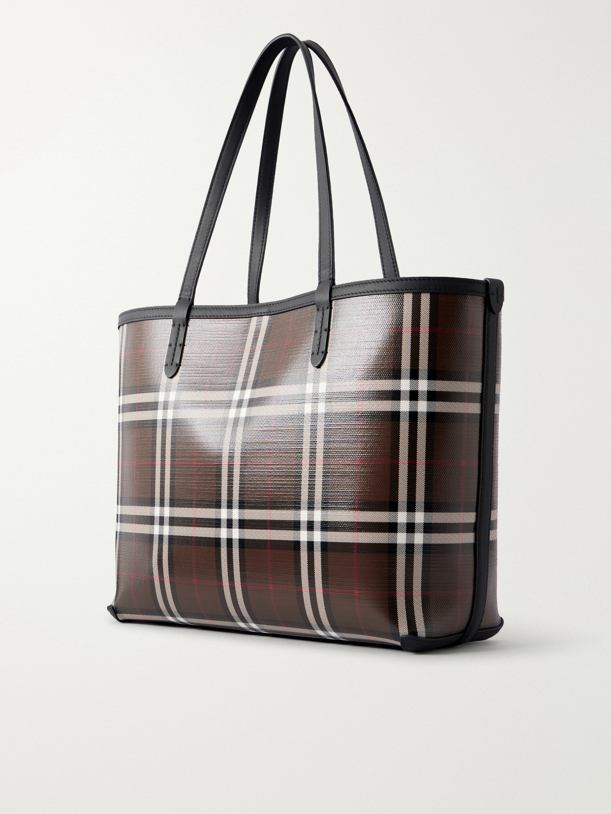 Checked Leather-Trimmed Glossy Canvas Tote