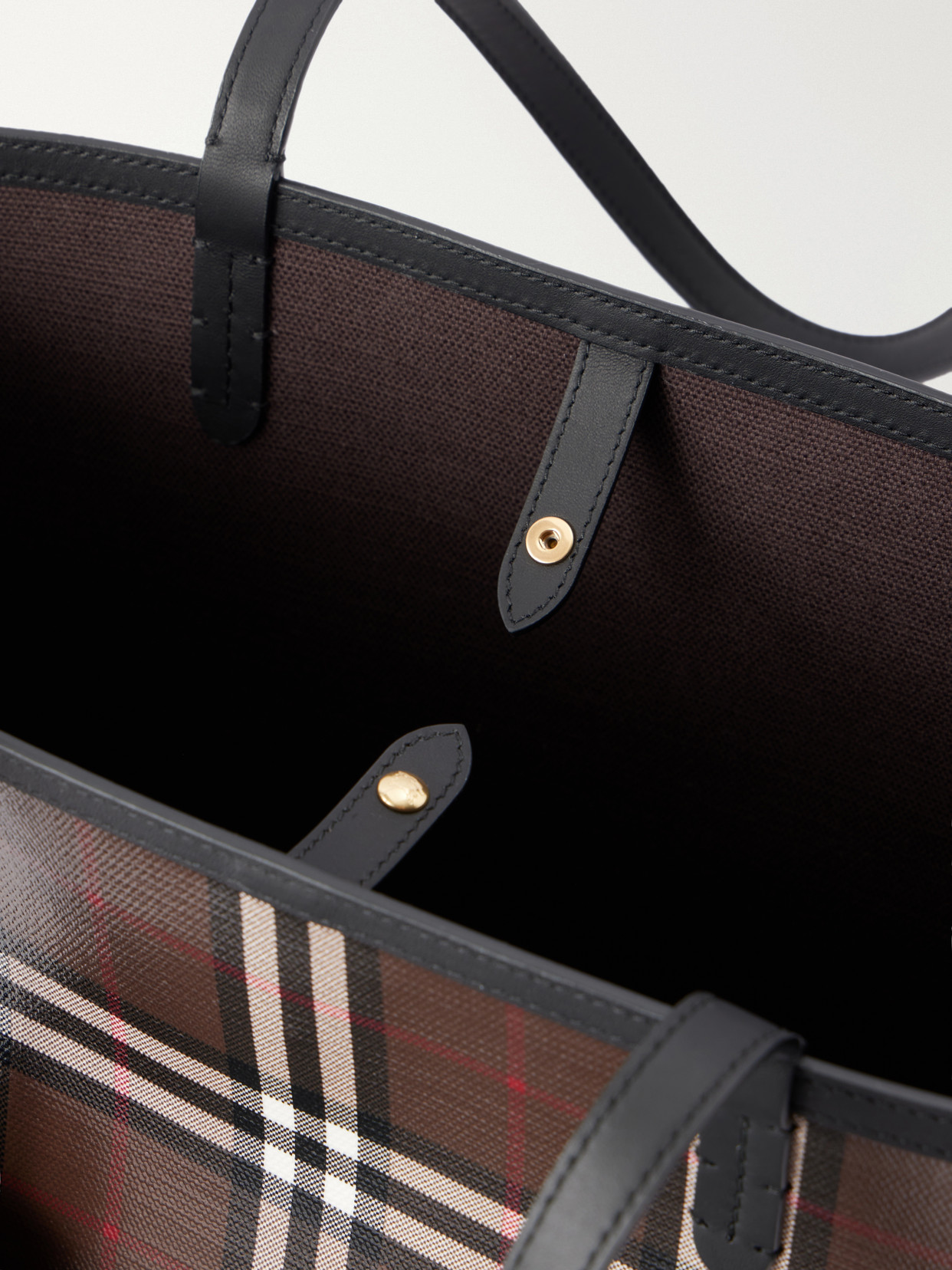 Checked Leather-Trimmed Glossy Canvas Tote