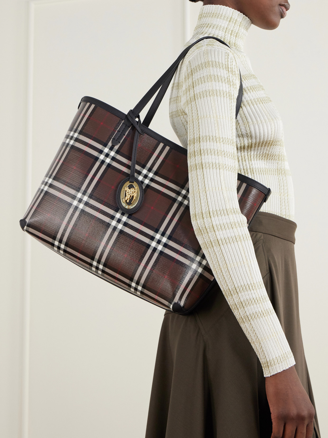 Checked Leather-Trimmed Glossy Canvas Tote