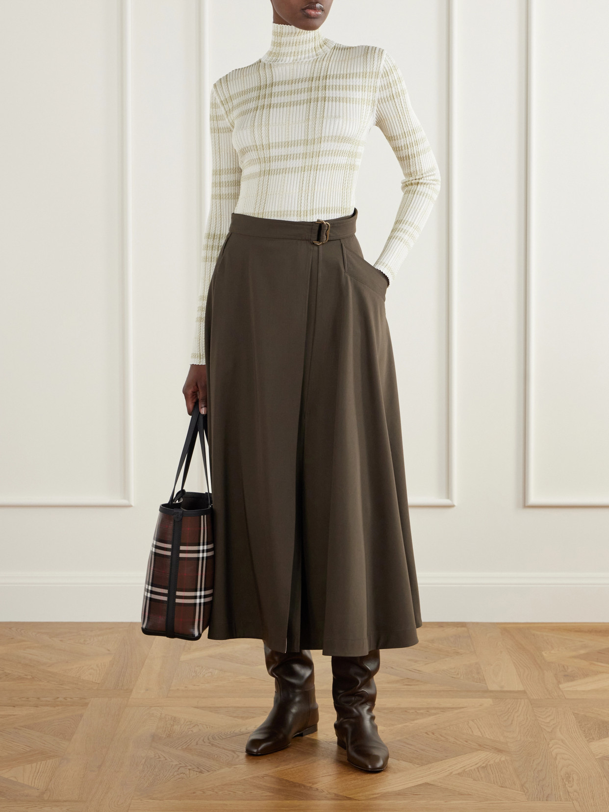 Checked Leather-Trimmed Glossy Canvas Tote