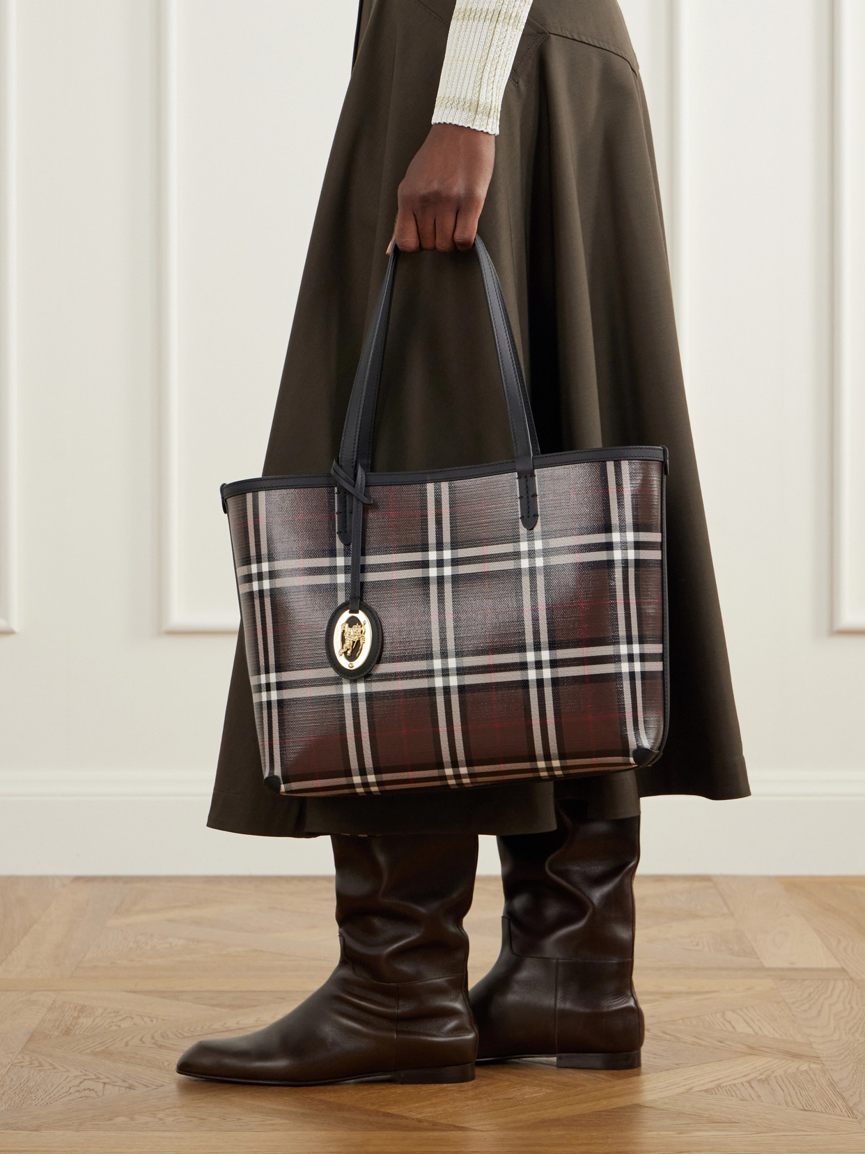 Checked Leather-Trimmed Glossy Canvas Tote
