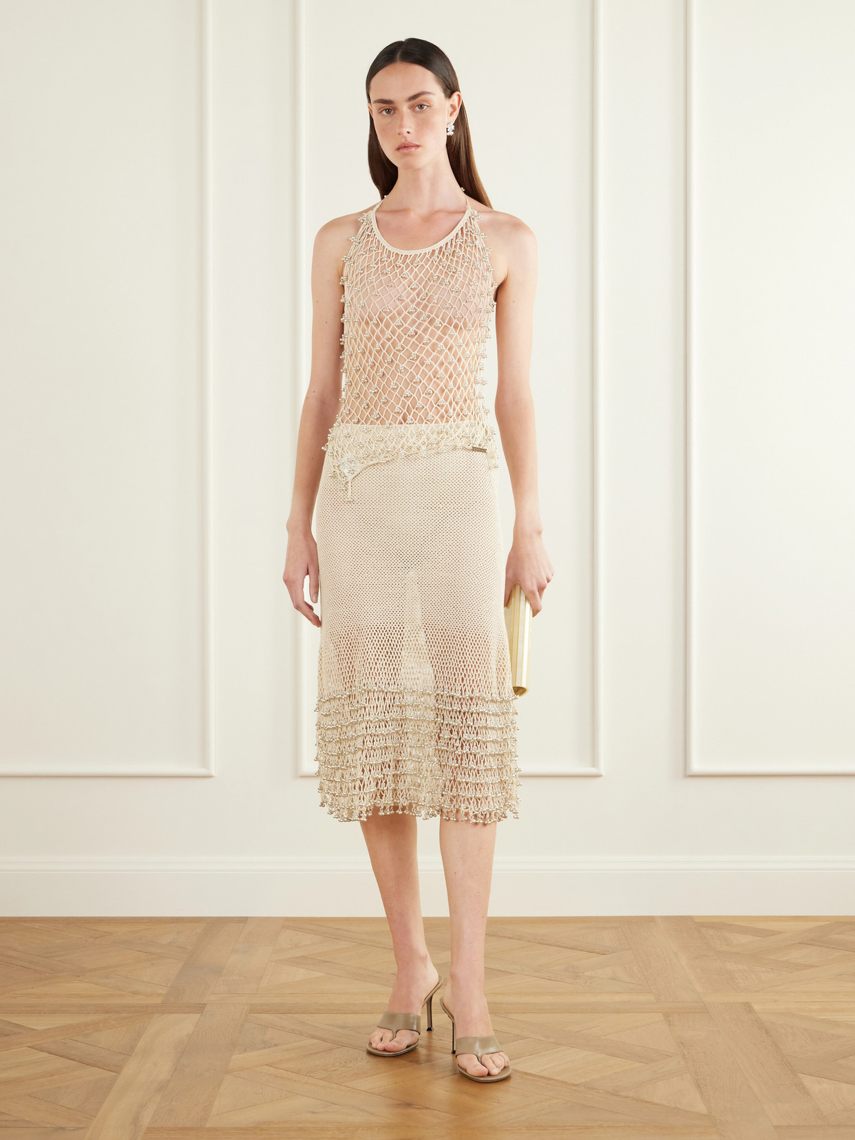 Amandine Embellished Cotton Crochet-Knit Midi