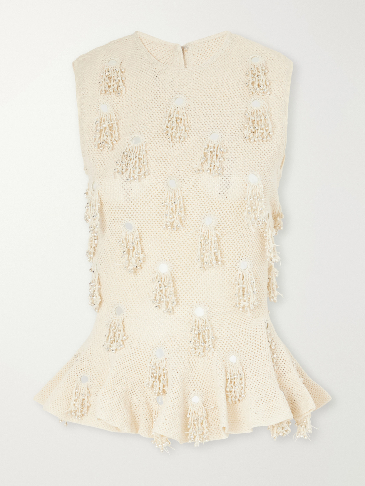 Yashvi Fringe-Embellished Peplum Cotton Crochet-Knit Top