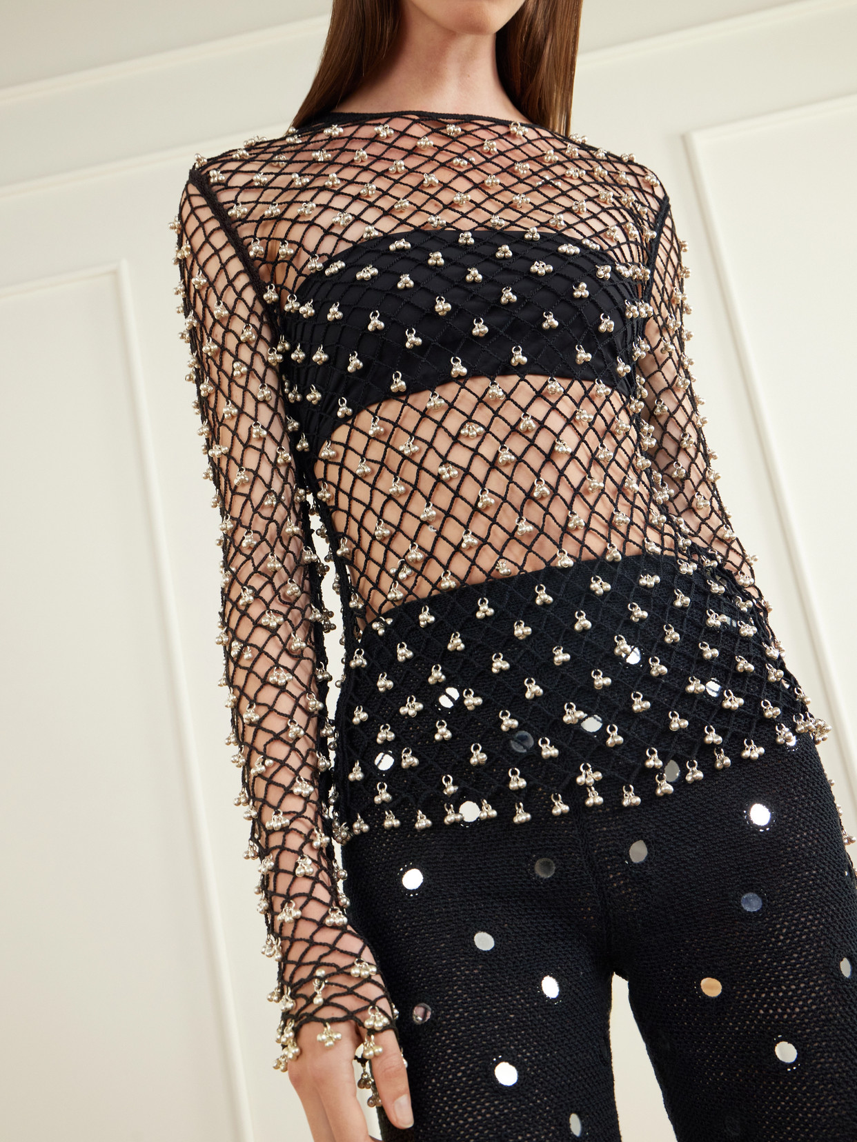 Jhanjar Embellished Open-Back Cotton Crochet-Knit Top