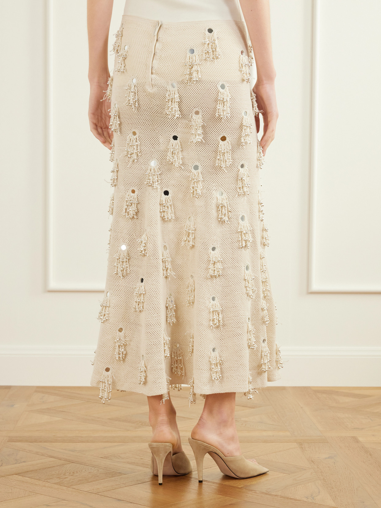 Jane Fringed-Embellished Cotton Crochet-Knit Midi