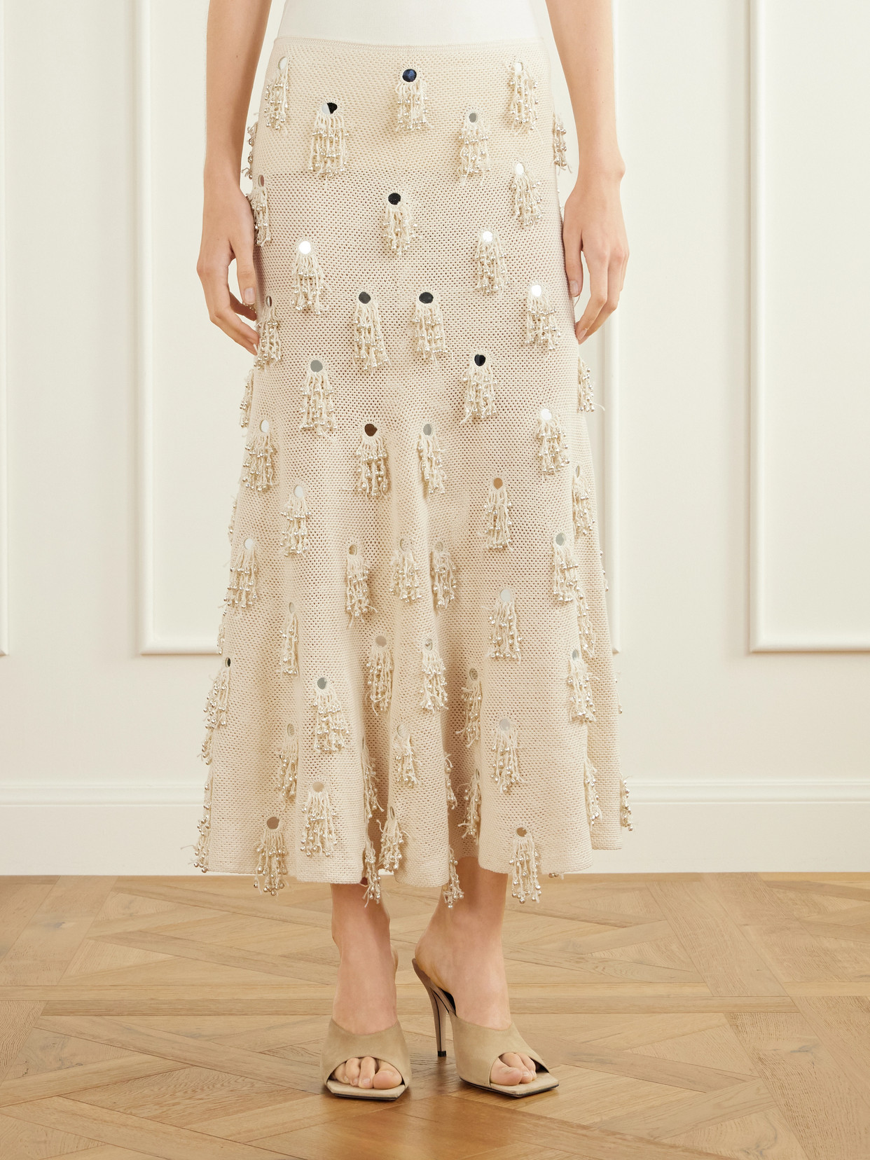Jane Fringed-Embellished Cotton Crochet-Knit Midi