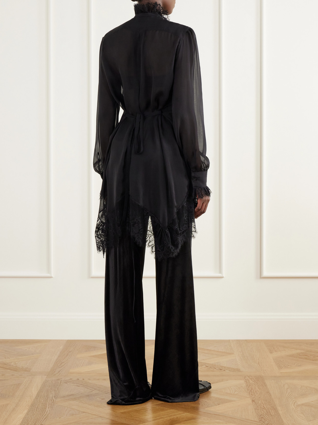 Barah Ruffled Lace-Trimmed Silk-Chiffon Blouse