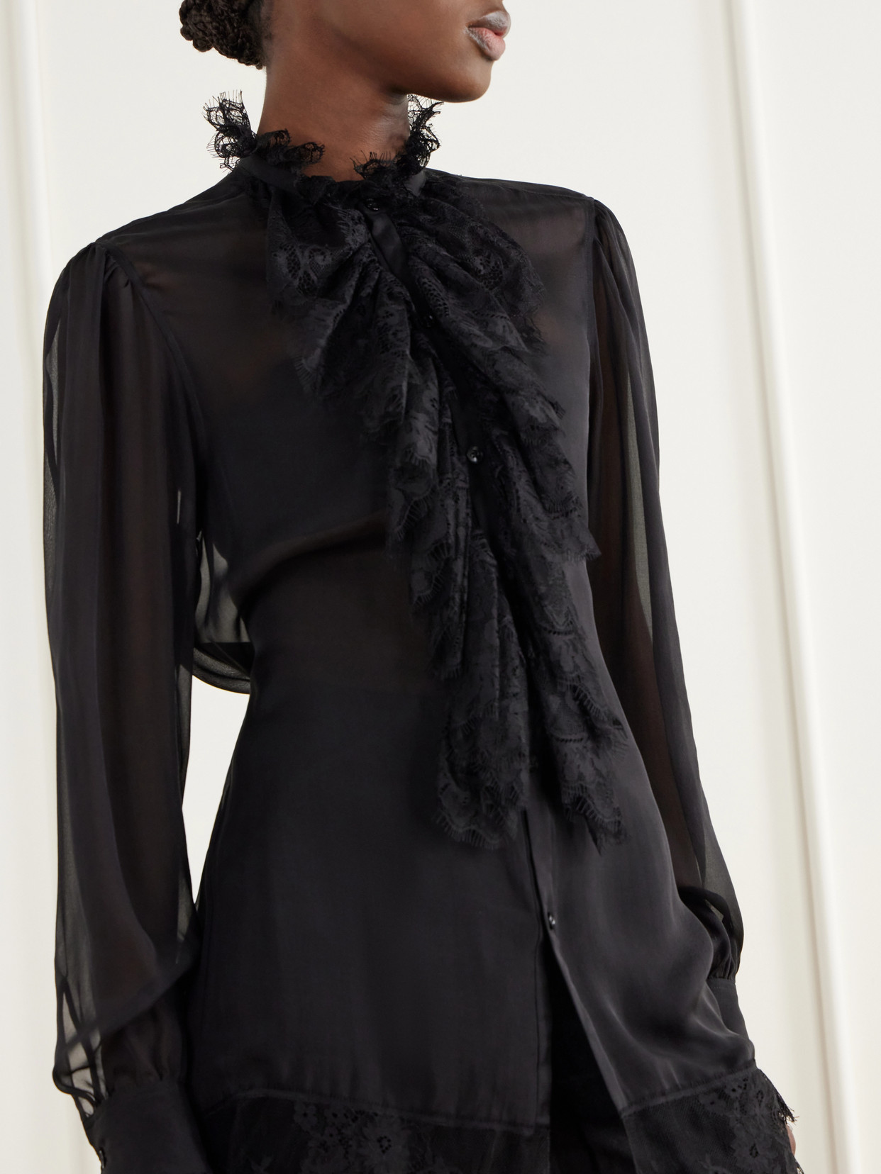Barah Ruffled Lace-Trimmed Silk-Chiffon Blouse