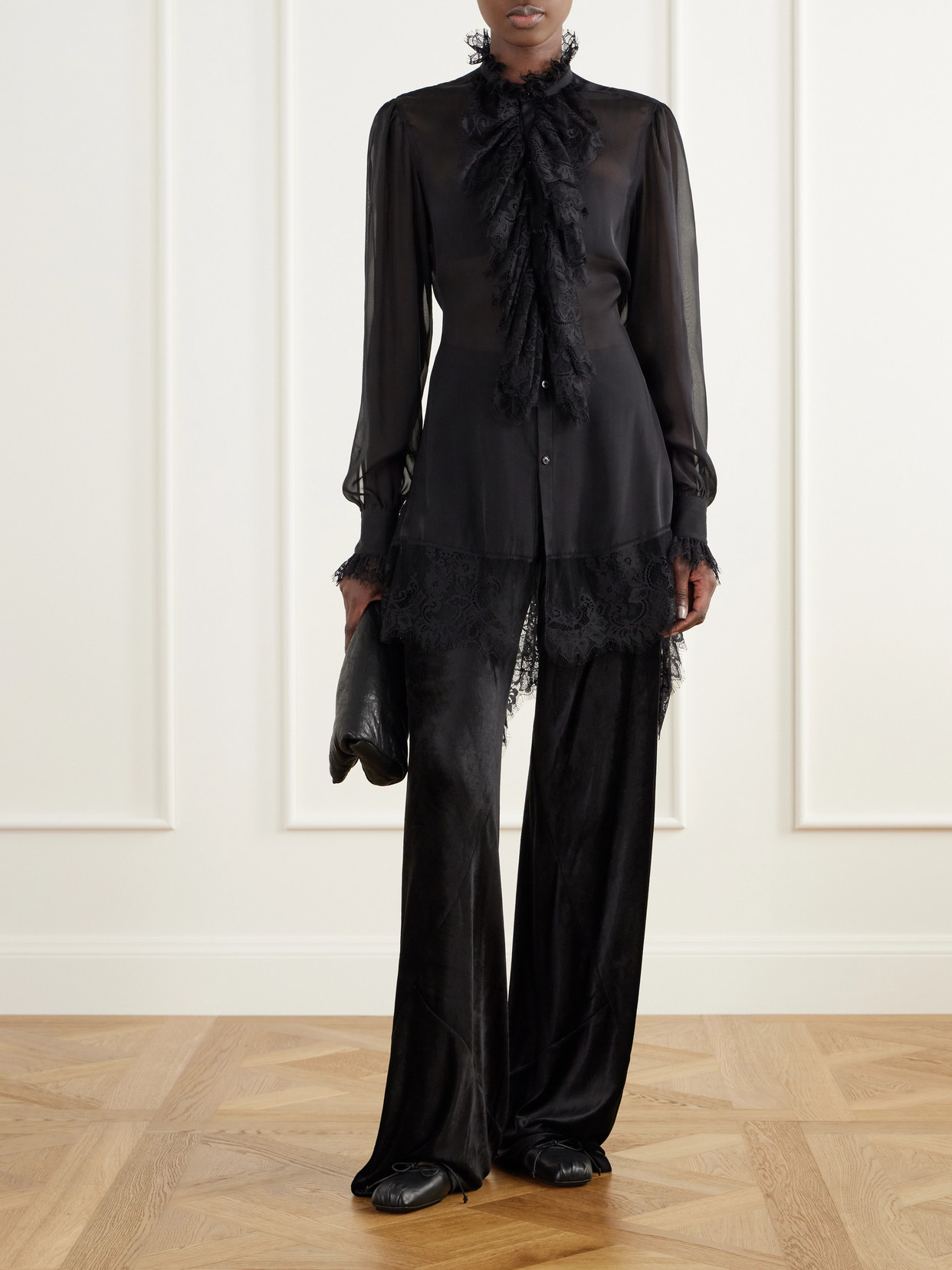 Barah Ruffled Lace-Trimmed Silk-Chiffon Blouse