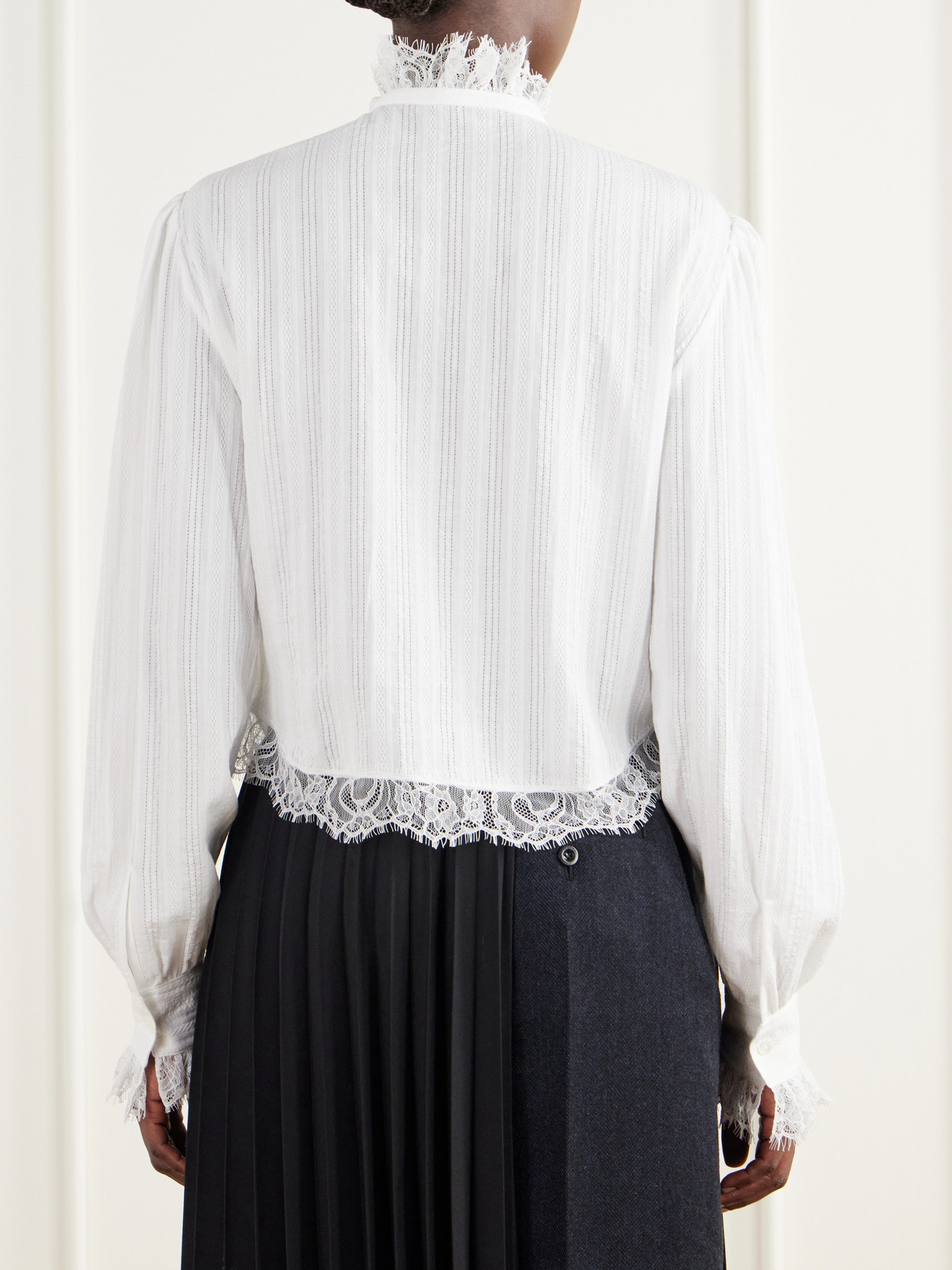 Freda Cropped Ruffled Lace-Trimmed Openwork Cotton-Jacquard Blouse