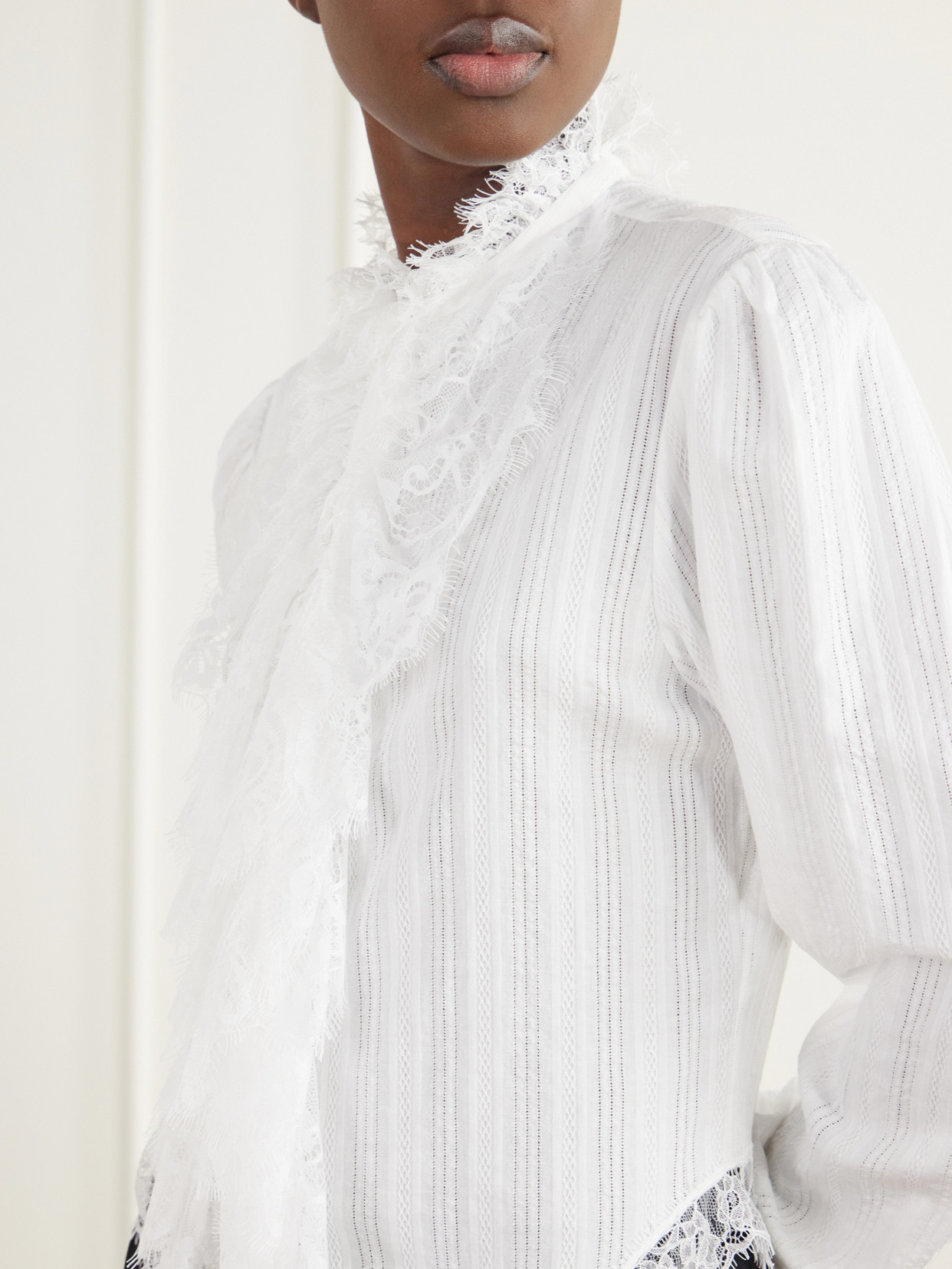 Freda Cropped Ruffled Lace-Trimmed Openwork Cotton-Jacquard Blouse