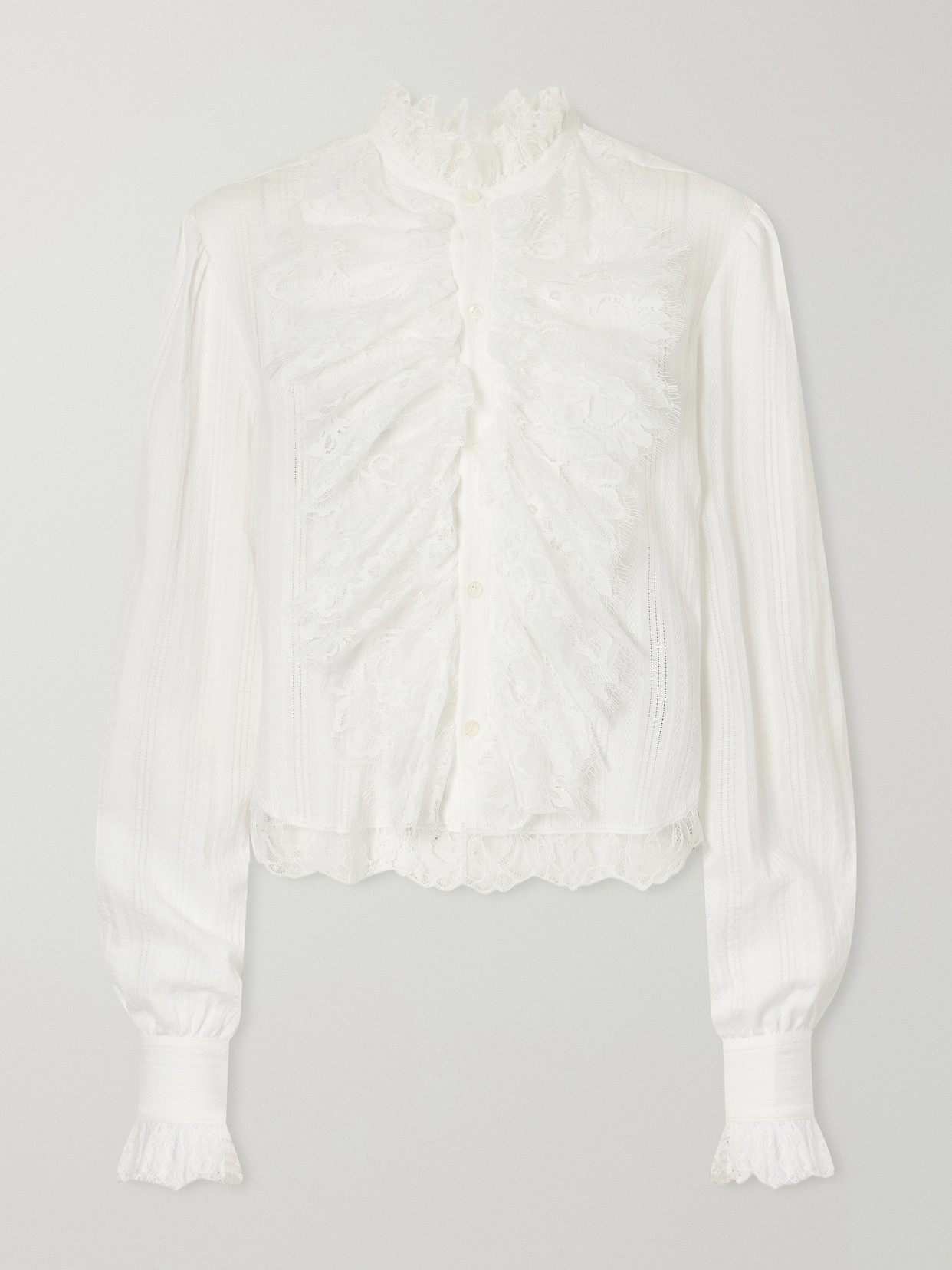 Freda Cropped Ruffled Lace-Trimmed Openwork Cotton-Jacquard Blouse