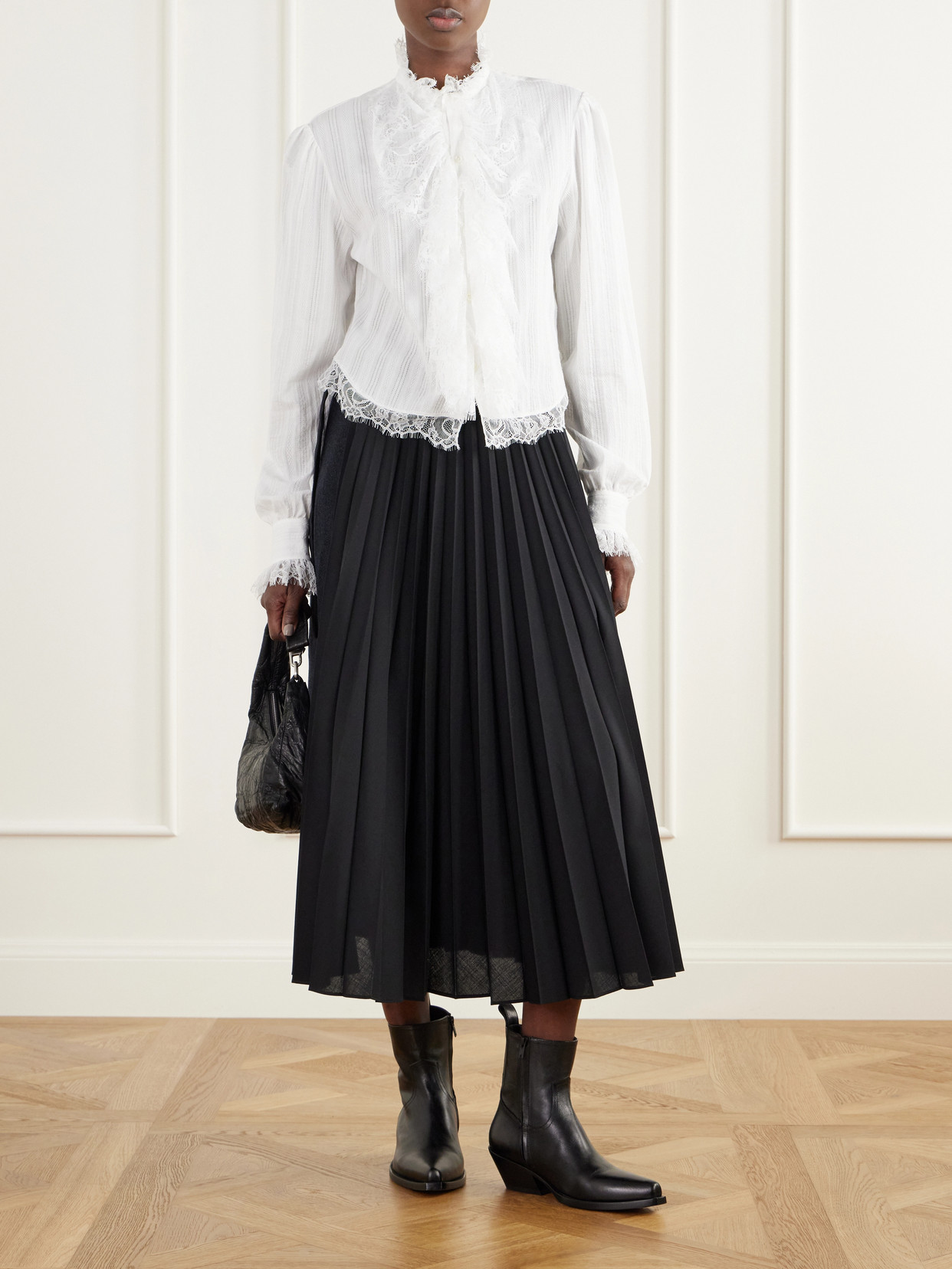 Freda Cropped Ruffled Lace-Trimmed Openwork Cotton-Jacquard Blouse
