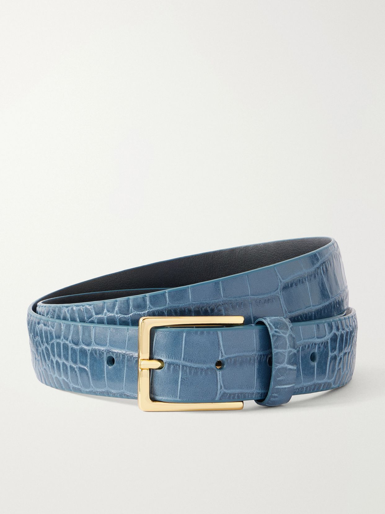 narrow croc effect leather belt