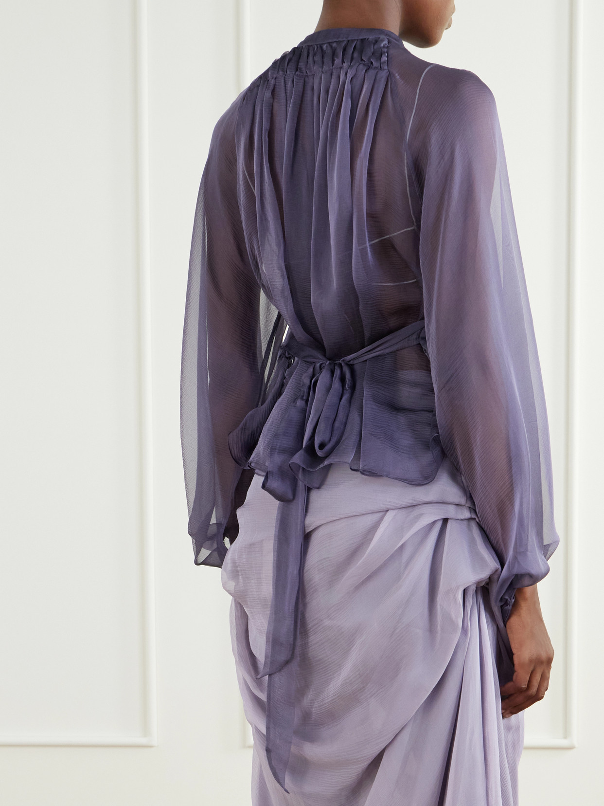 Alyona Pleated Belted Cut-Out Silk-Chiffon Blouse