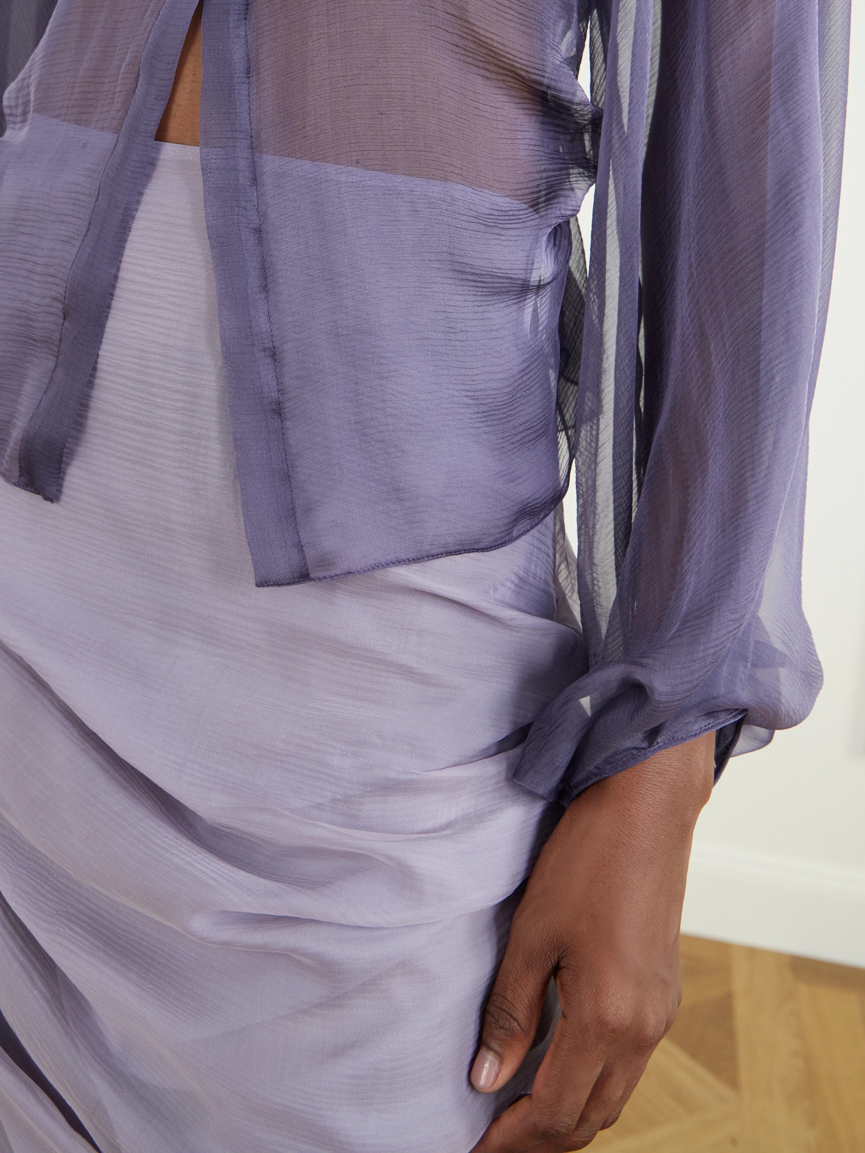 Alyona Pleated Belted Cut-Out Silk-Chiffon Blouse