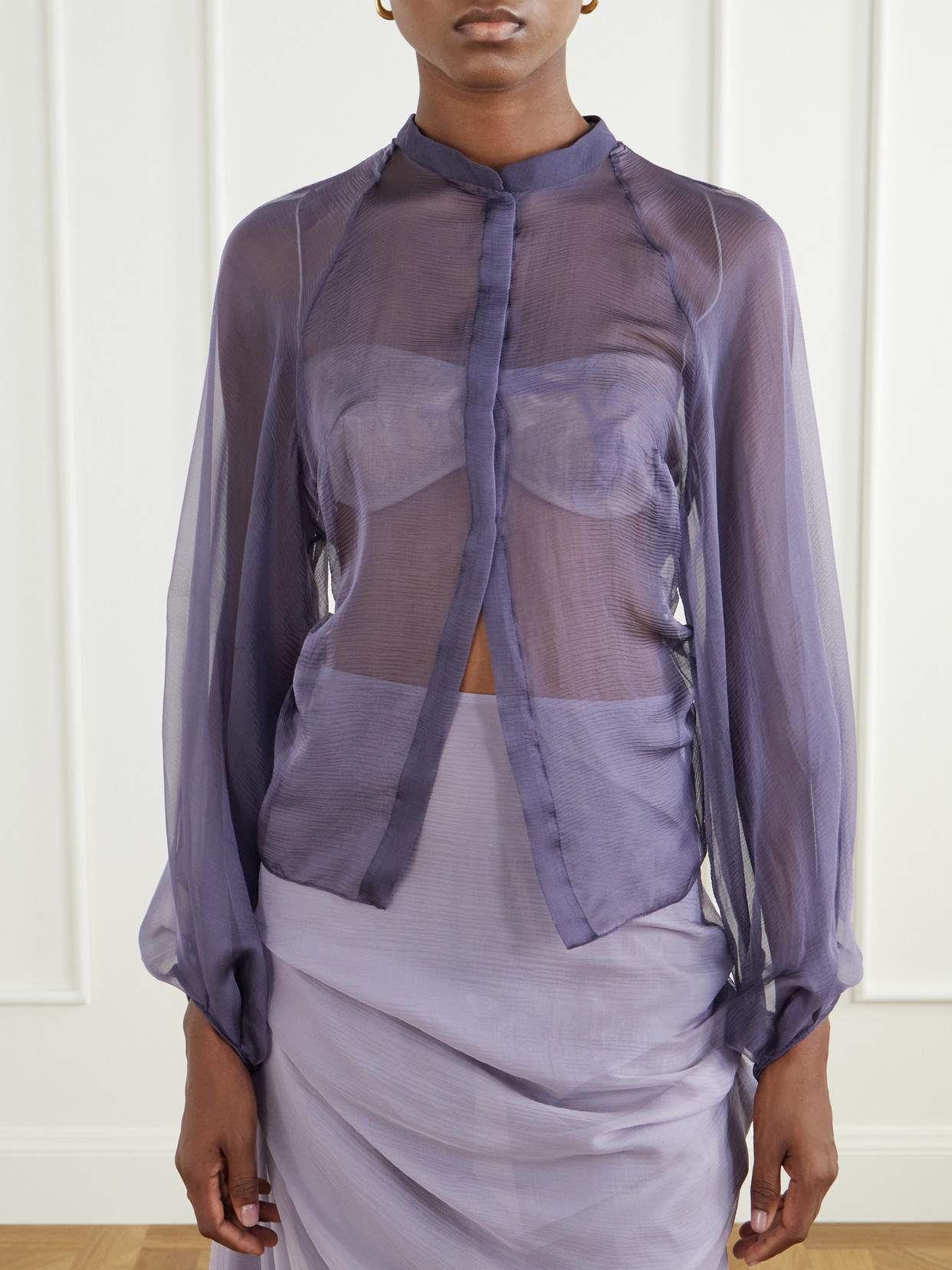 Alyona Pleated Belted Cut-Out Silk-Chiffon Blouse