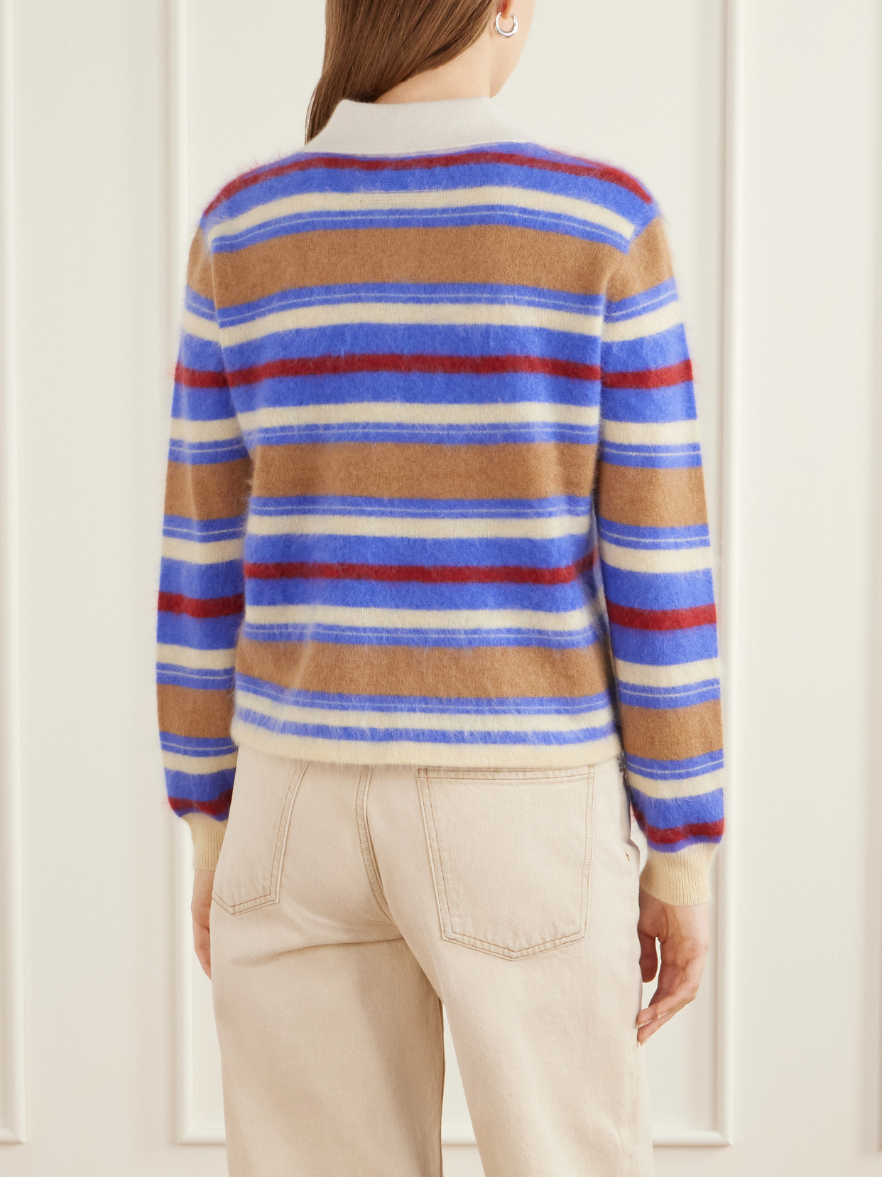 Grizzly Cropped Striped Brushed Cashmere Polo Sweater