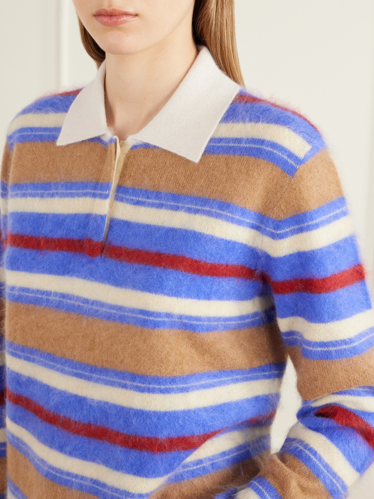 Grizzly Cropped Striped Brushed Cashmere Polo Sweater