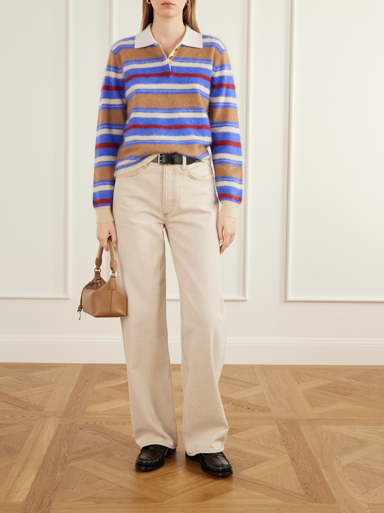 Grizzly Cropped Striped Brushed Cashmere Polo Sweater