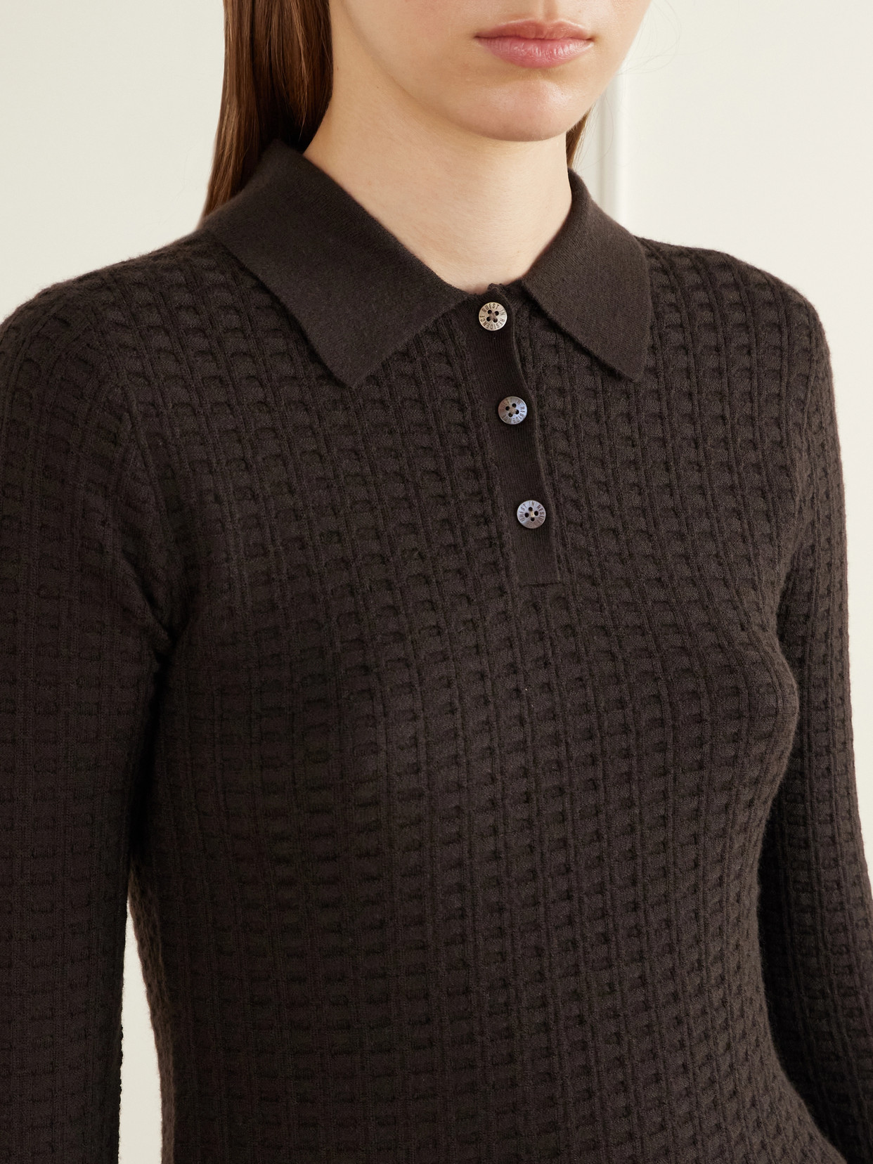 Shrunken Waffle Cashmere Polo Sweater