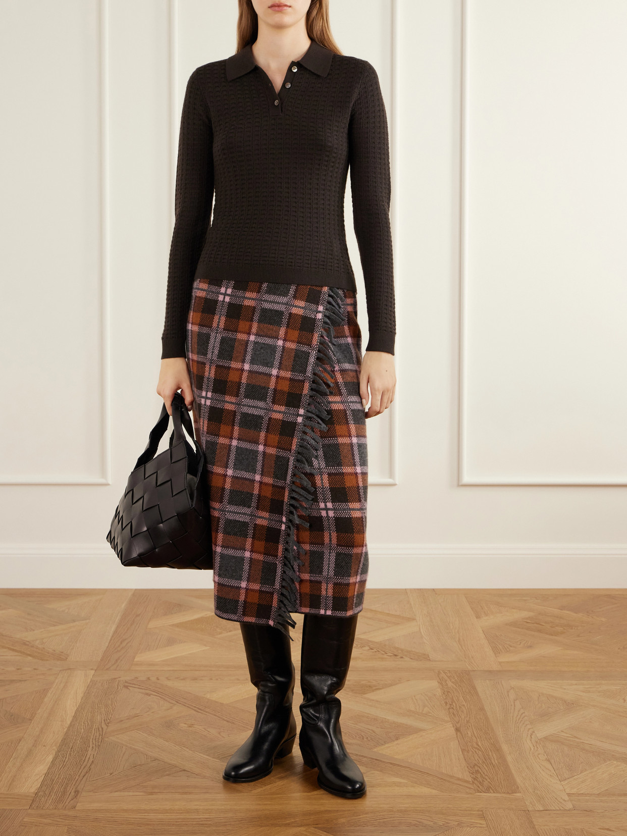 Shrunken Waffle Cashmere Polo Sweater