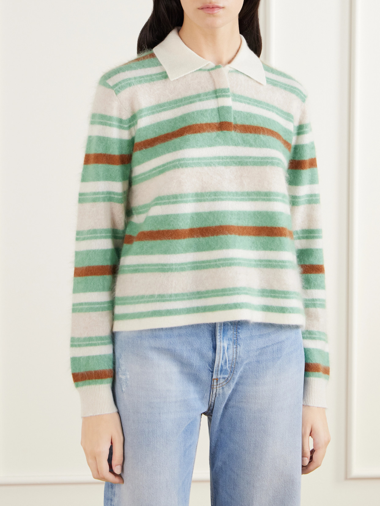 Grizzly Cropped Striped Brushed Cashmere Polo Sweater