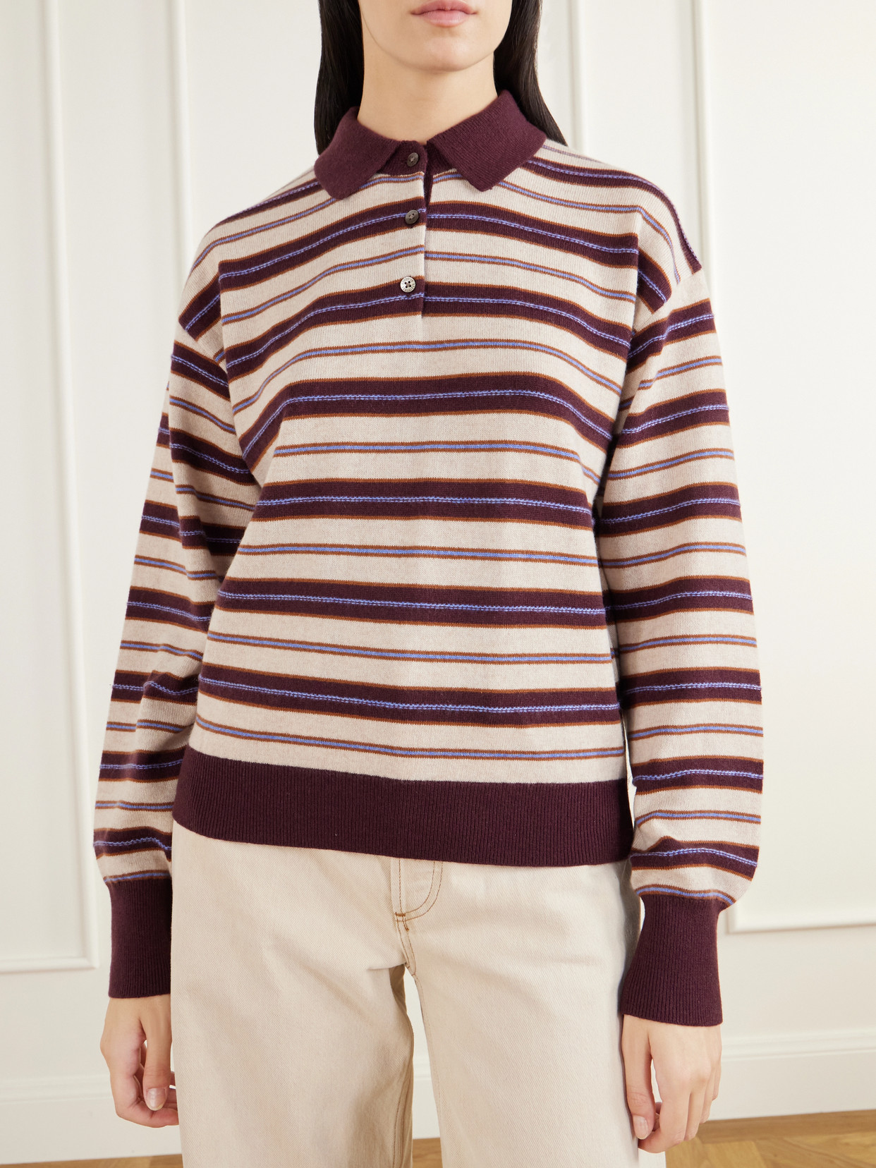 Collegiate Striped Cashmere Polo Sweater