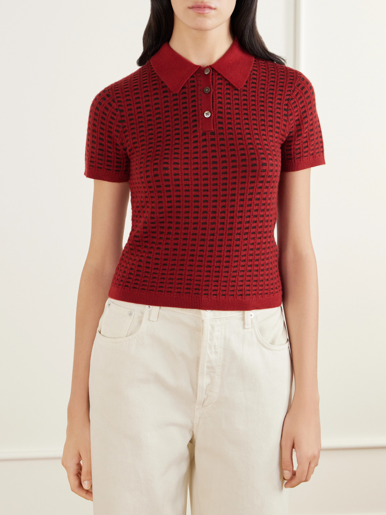 Shrunken Waffle Cropped Cashmere Polo